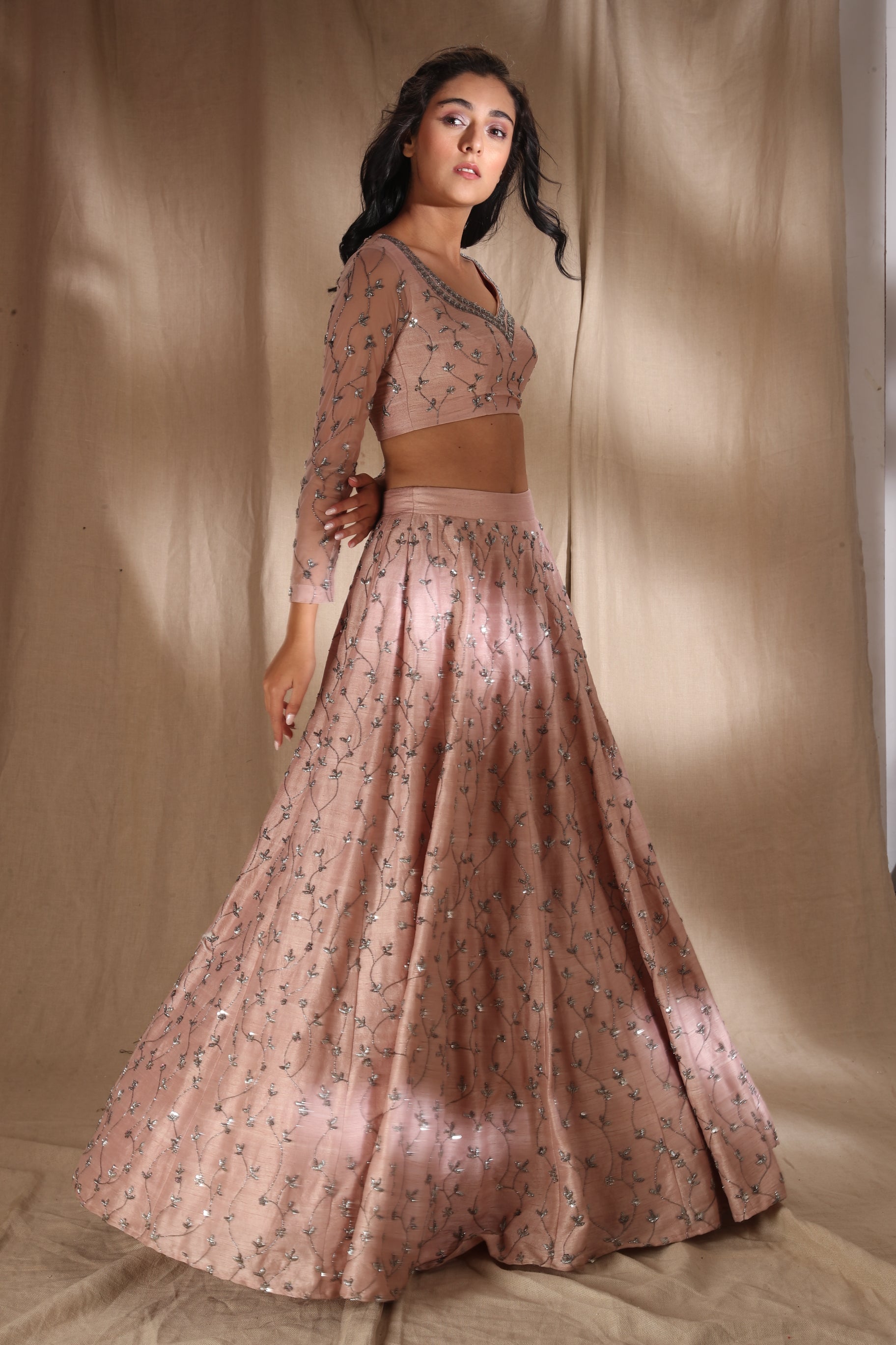 Pale Pink Raw Silk Lehenga