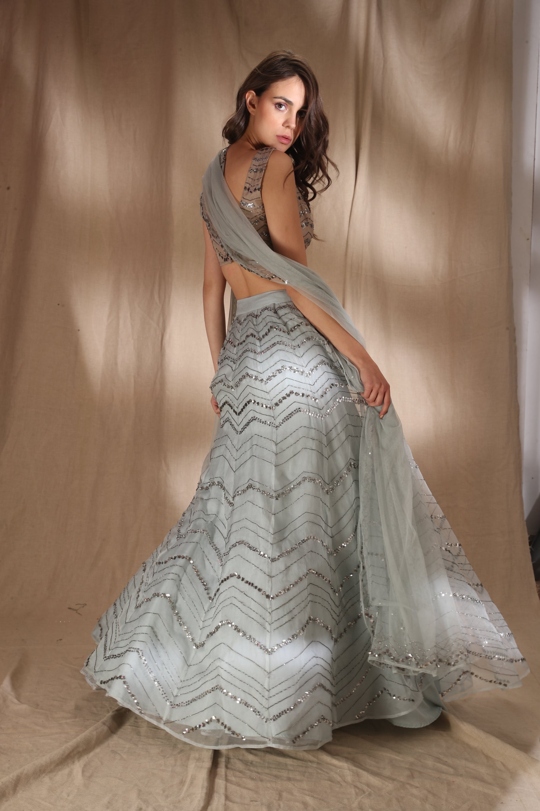Sky Blue Organza Lehenga