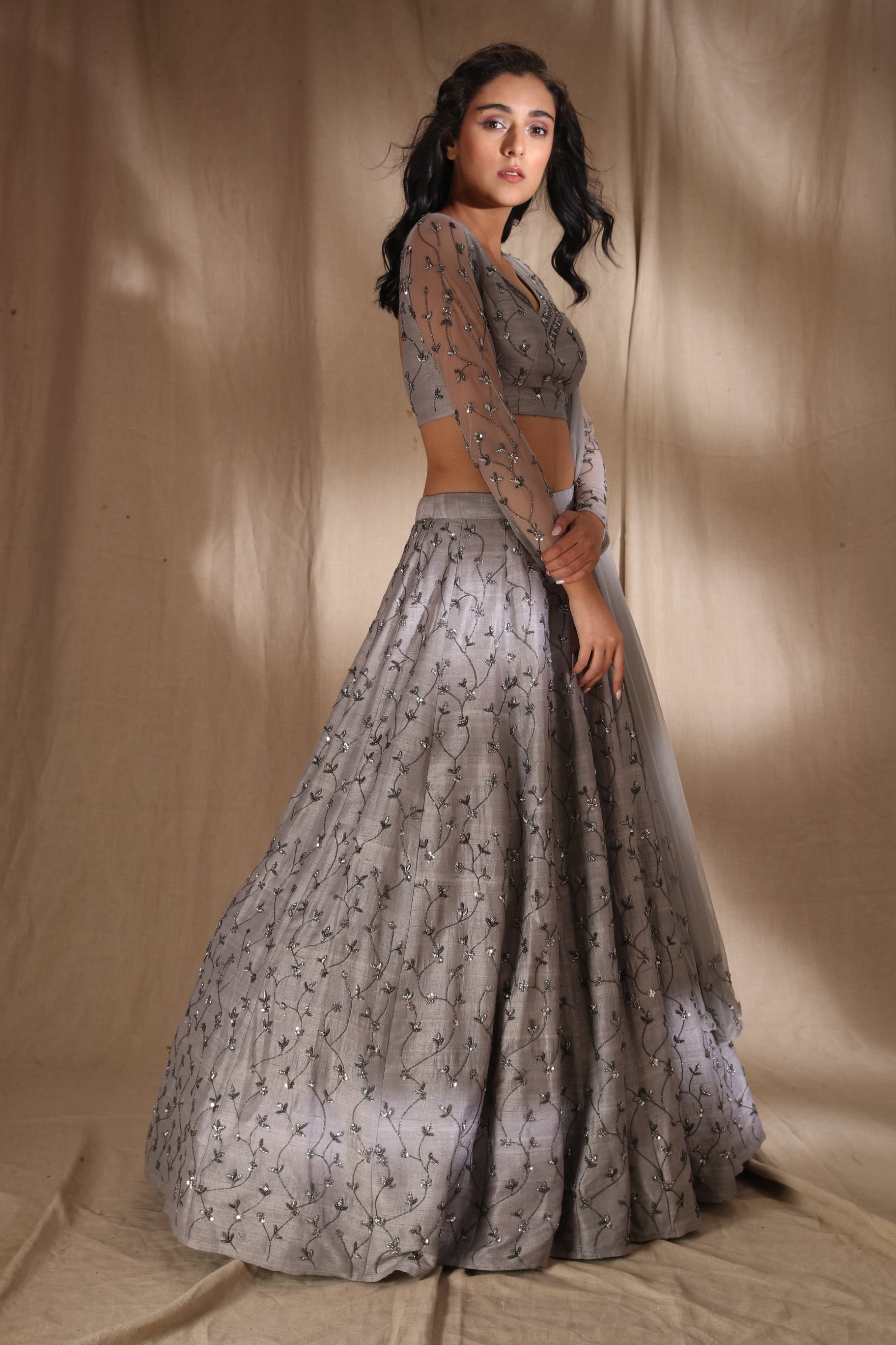Grey Silver Raw Silk Lehenga