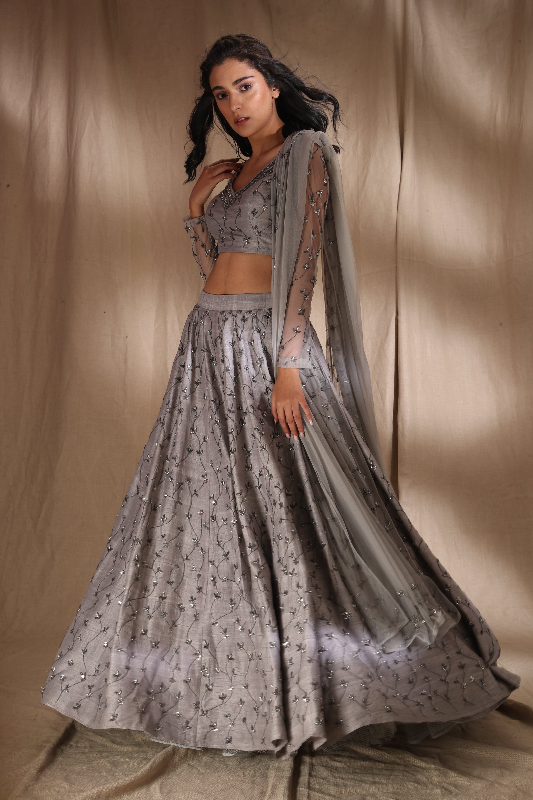 Grey Silver Raw Silk Lehenga