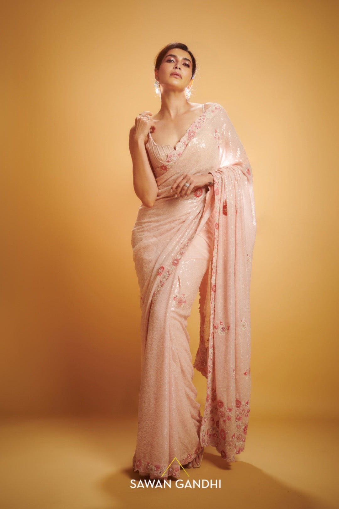 Karishma Tanna IN PEACH APPLIQUÉ SEQUINS SAREE