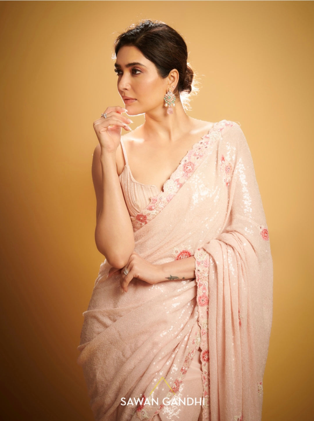 Karishma Tanna IN PEACH APPLIQUÉ SEQUINS SAREE