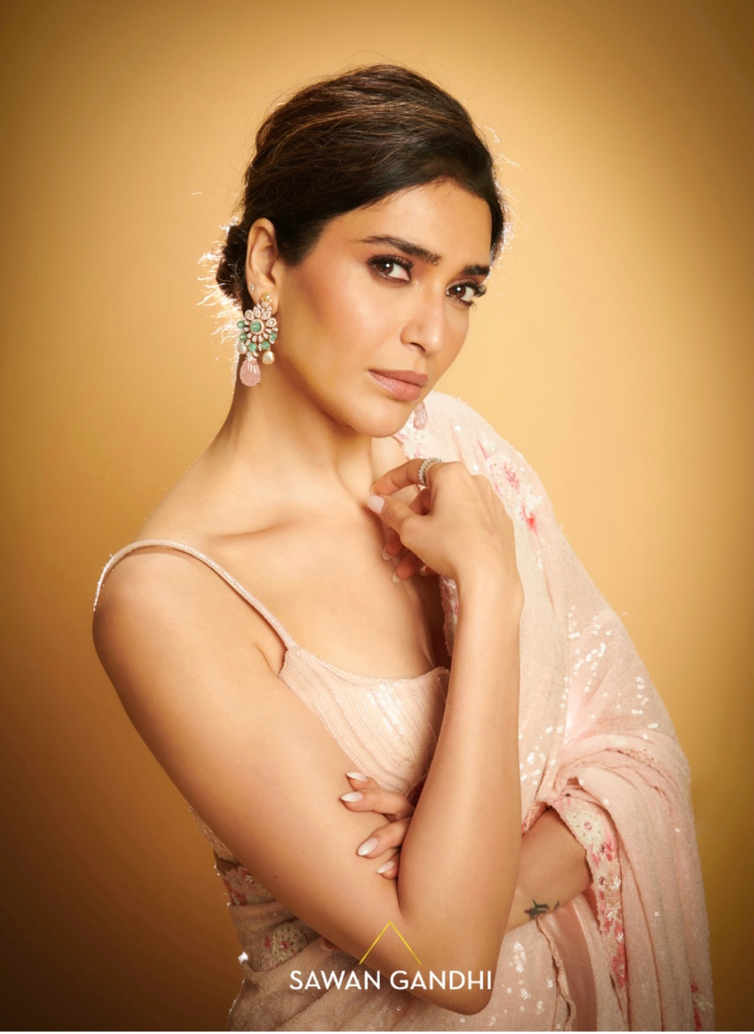 Karishma Tanna IN PEACH APPLIQUÉ SEQUINS SAREE