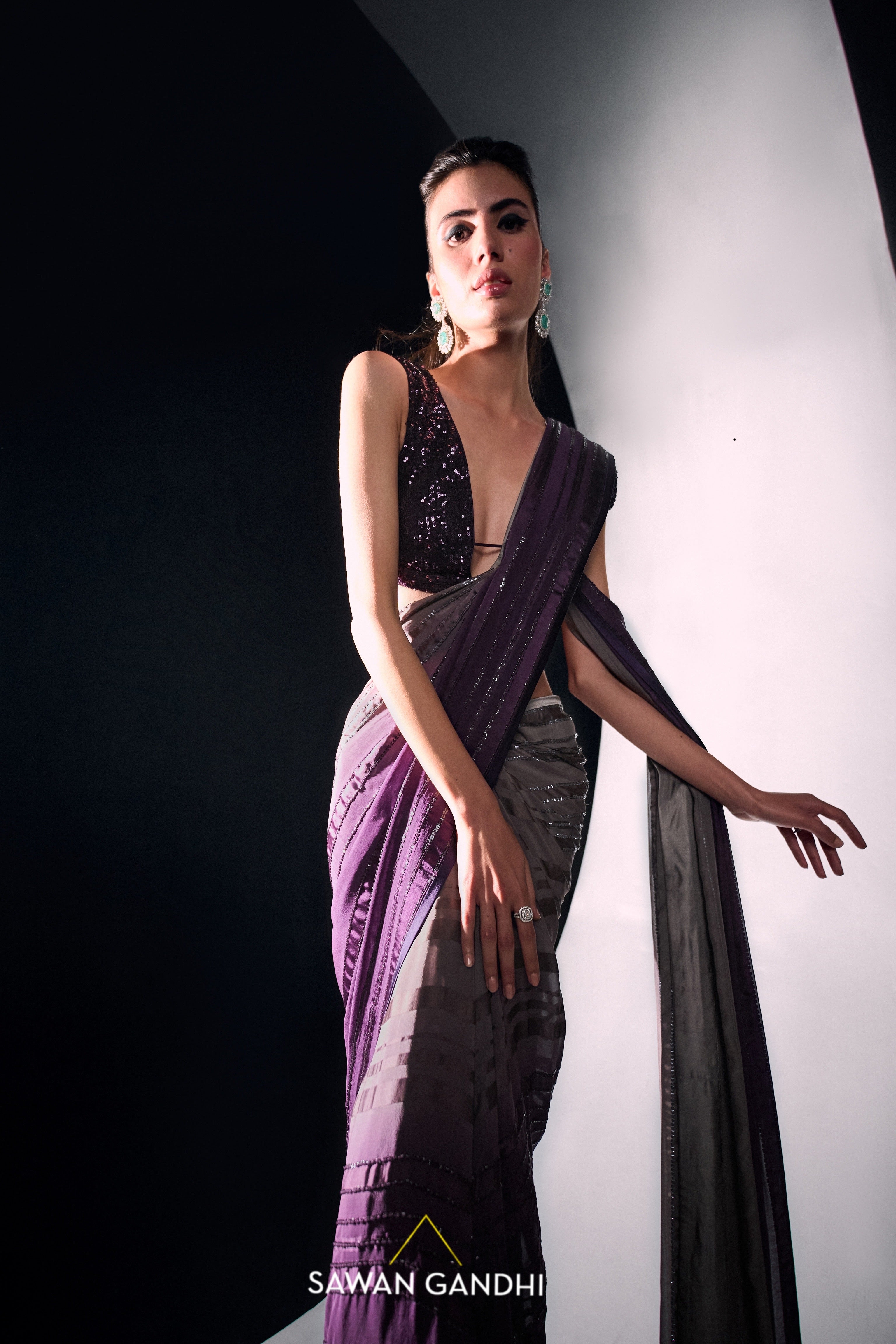 Purple grey ombré stripe saree