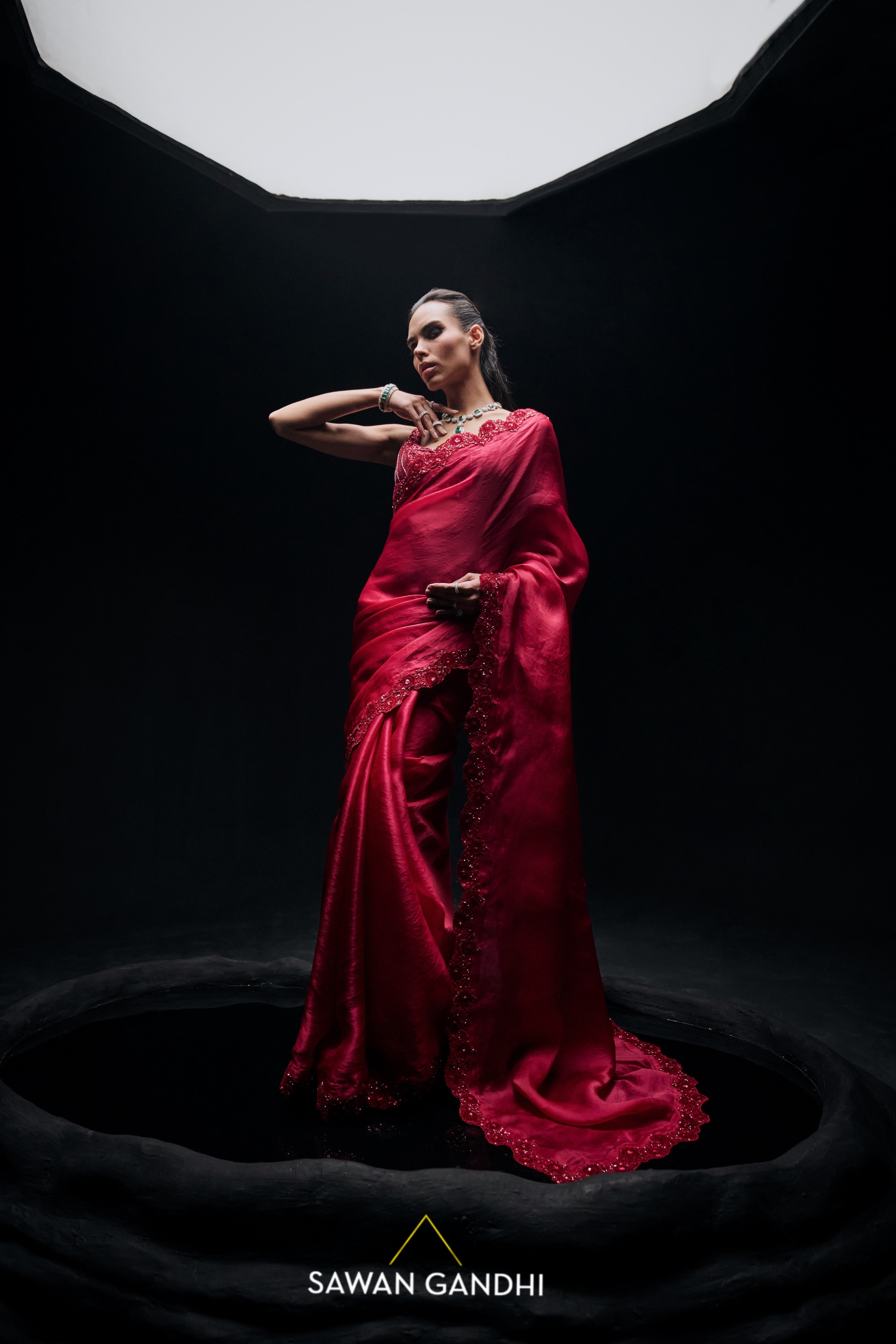 Red organza appliqué saree