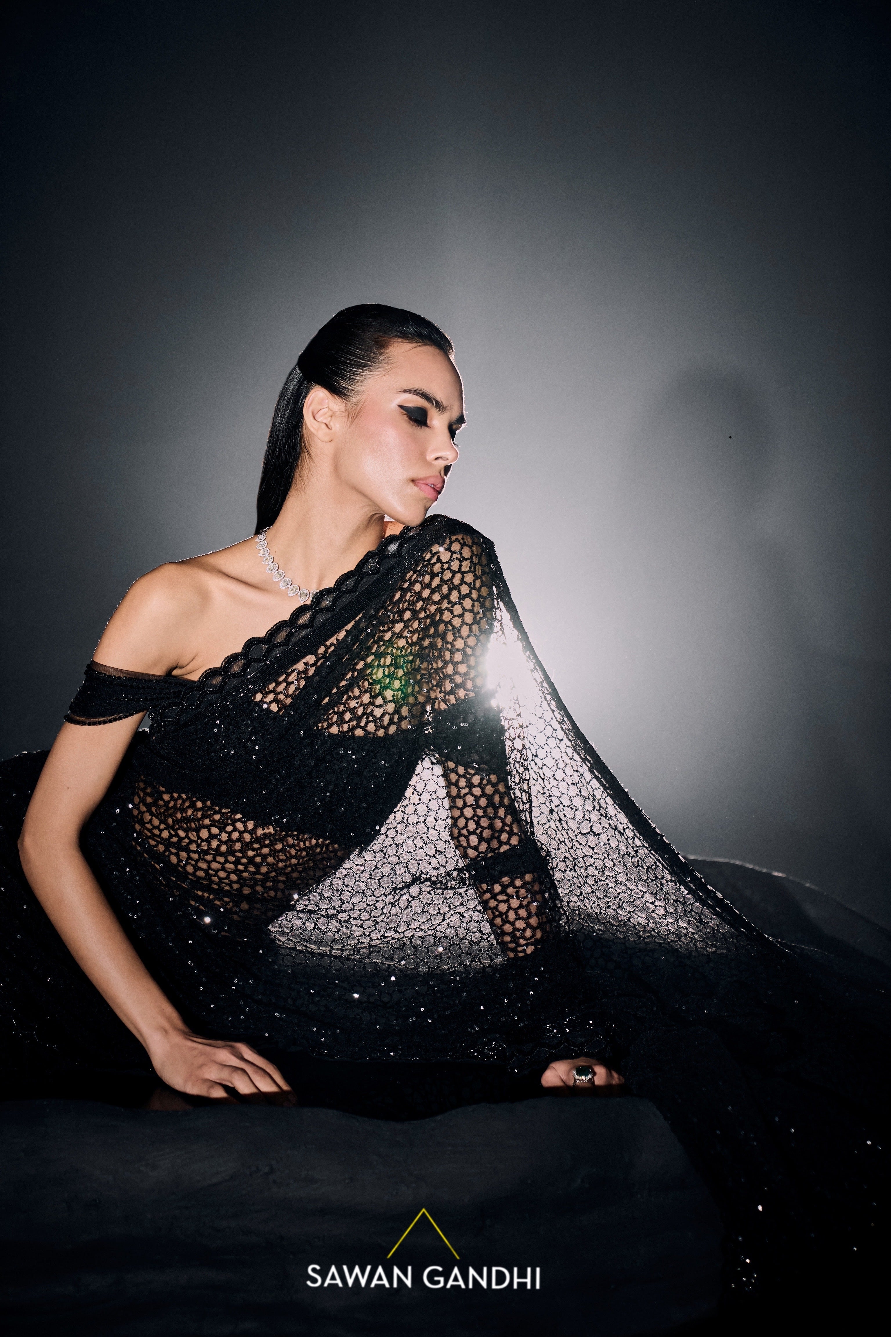 Black sequins net saree