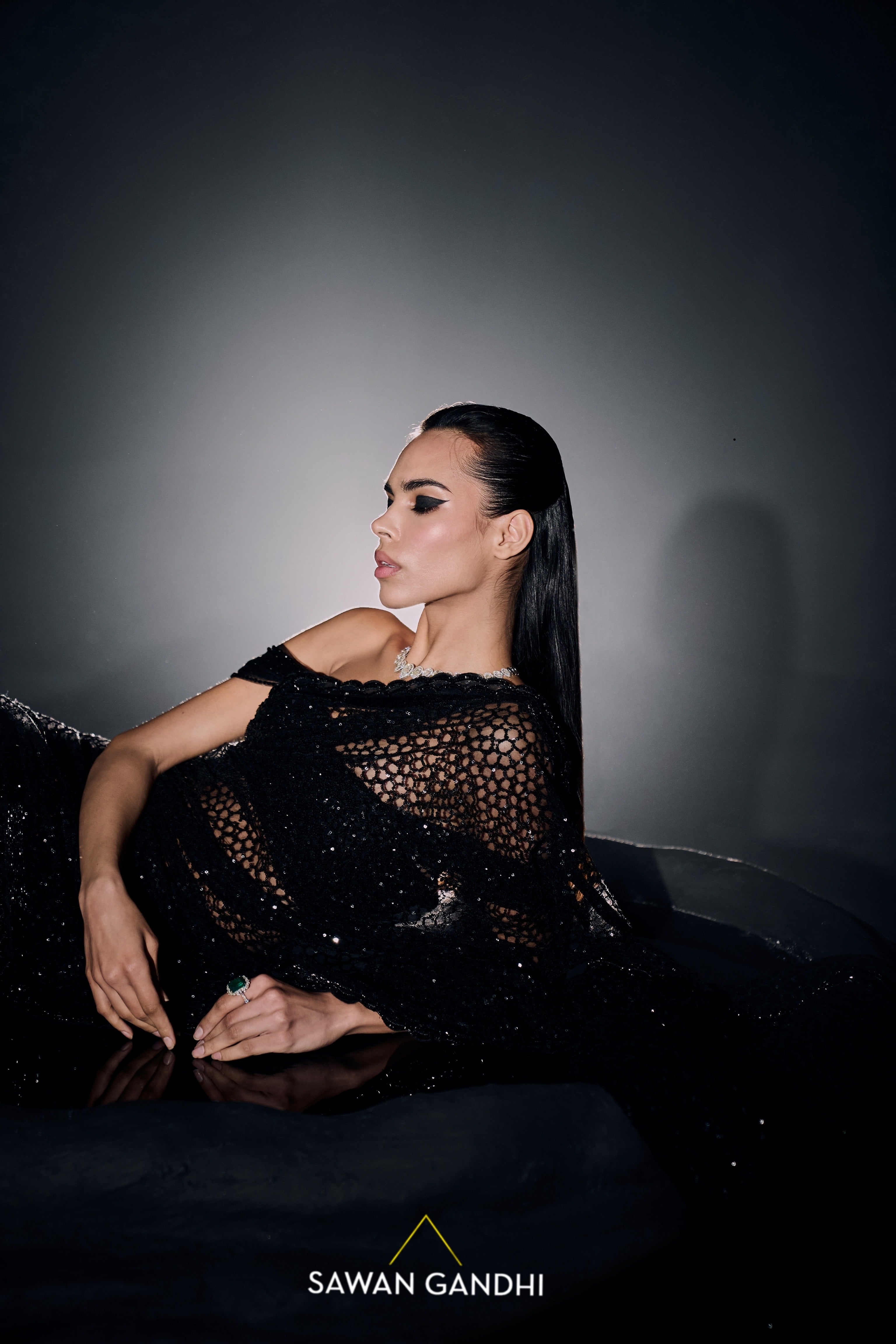 Black sequins net saree