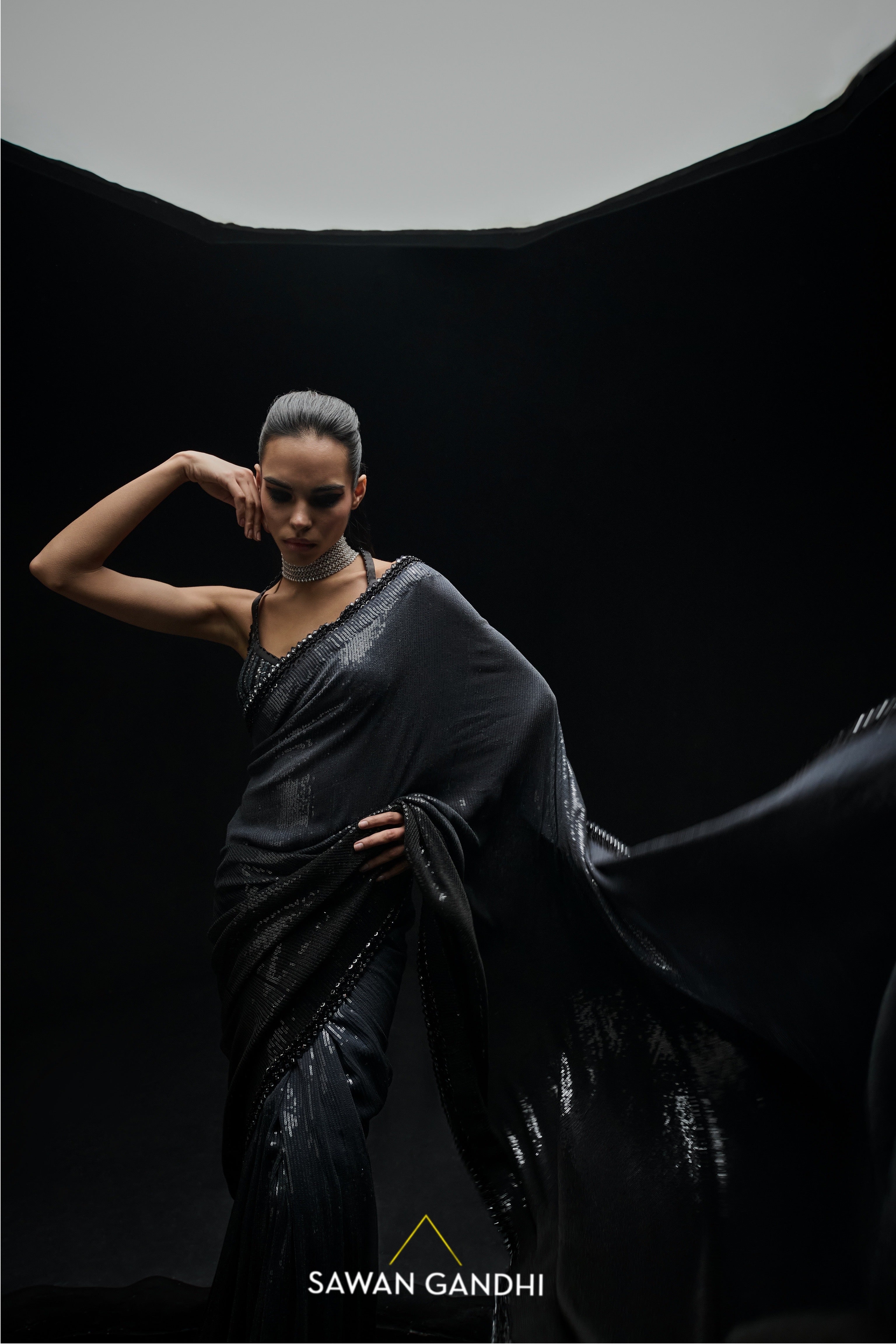 Black to grey ombre sequins saree