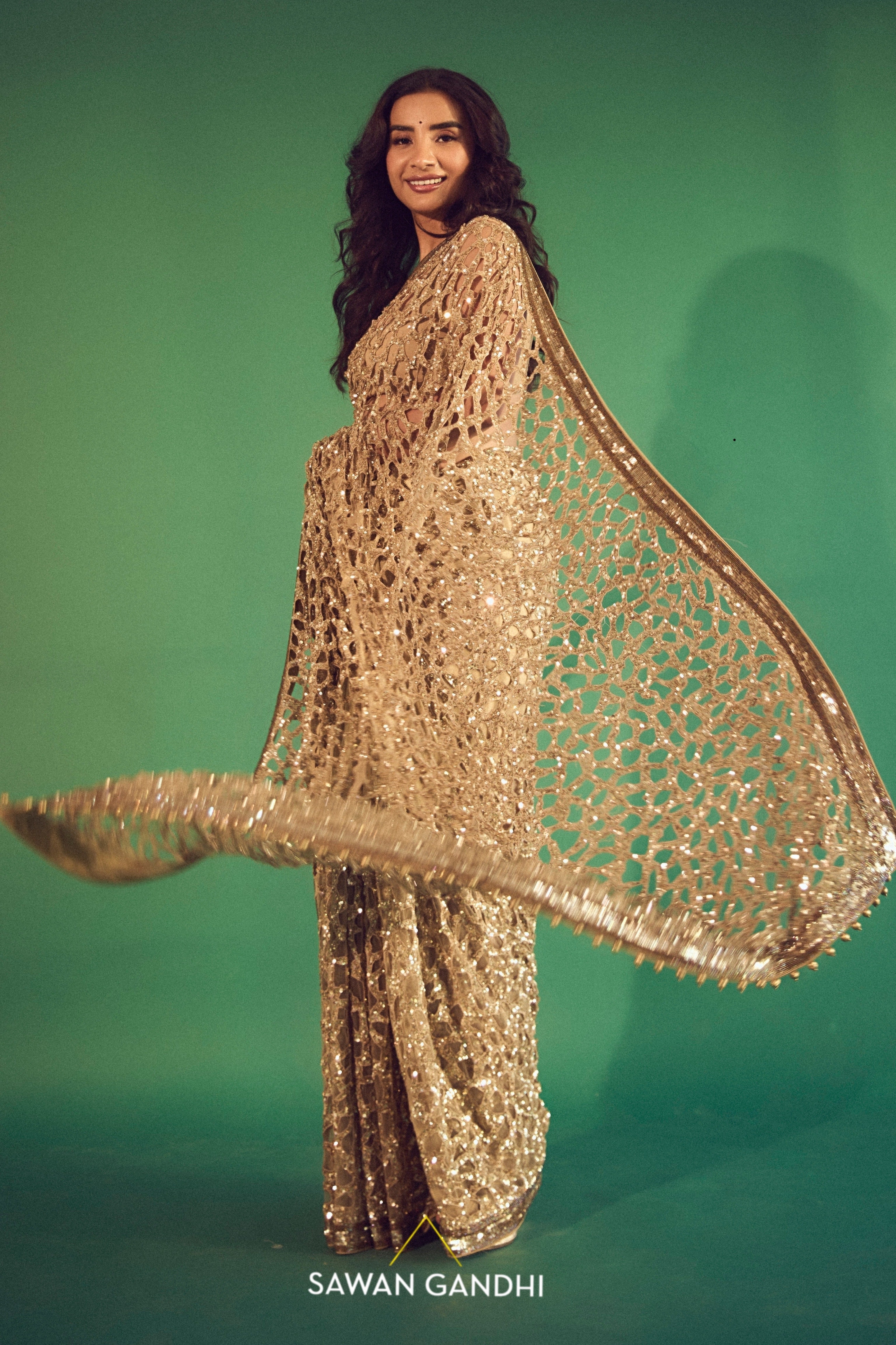 Patralekhaa In Golden Cutwork Saree