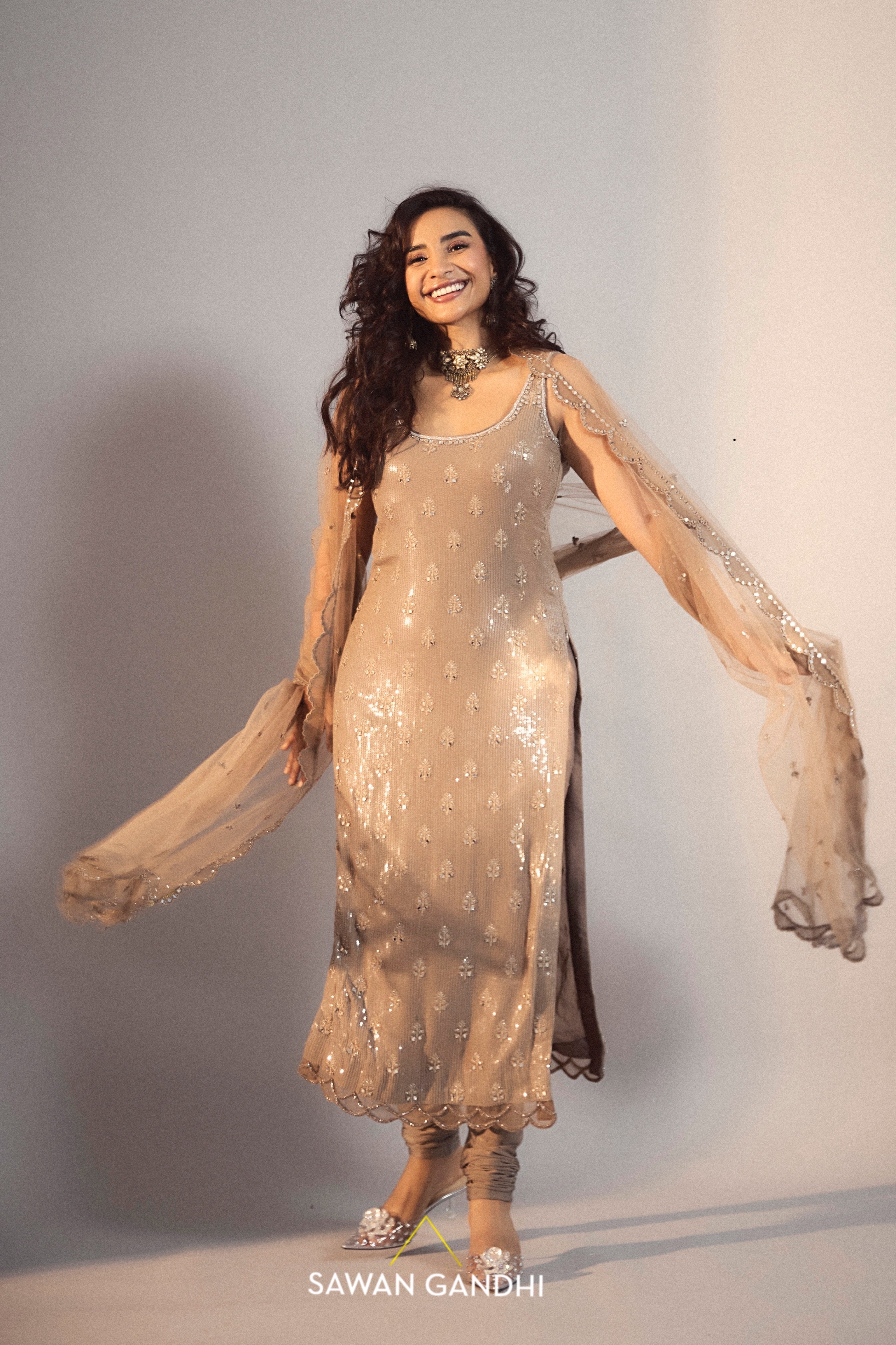 Patralekhaa In Taupe Sequins And Mirror Work Suit