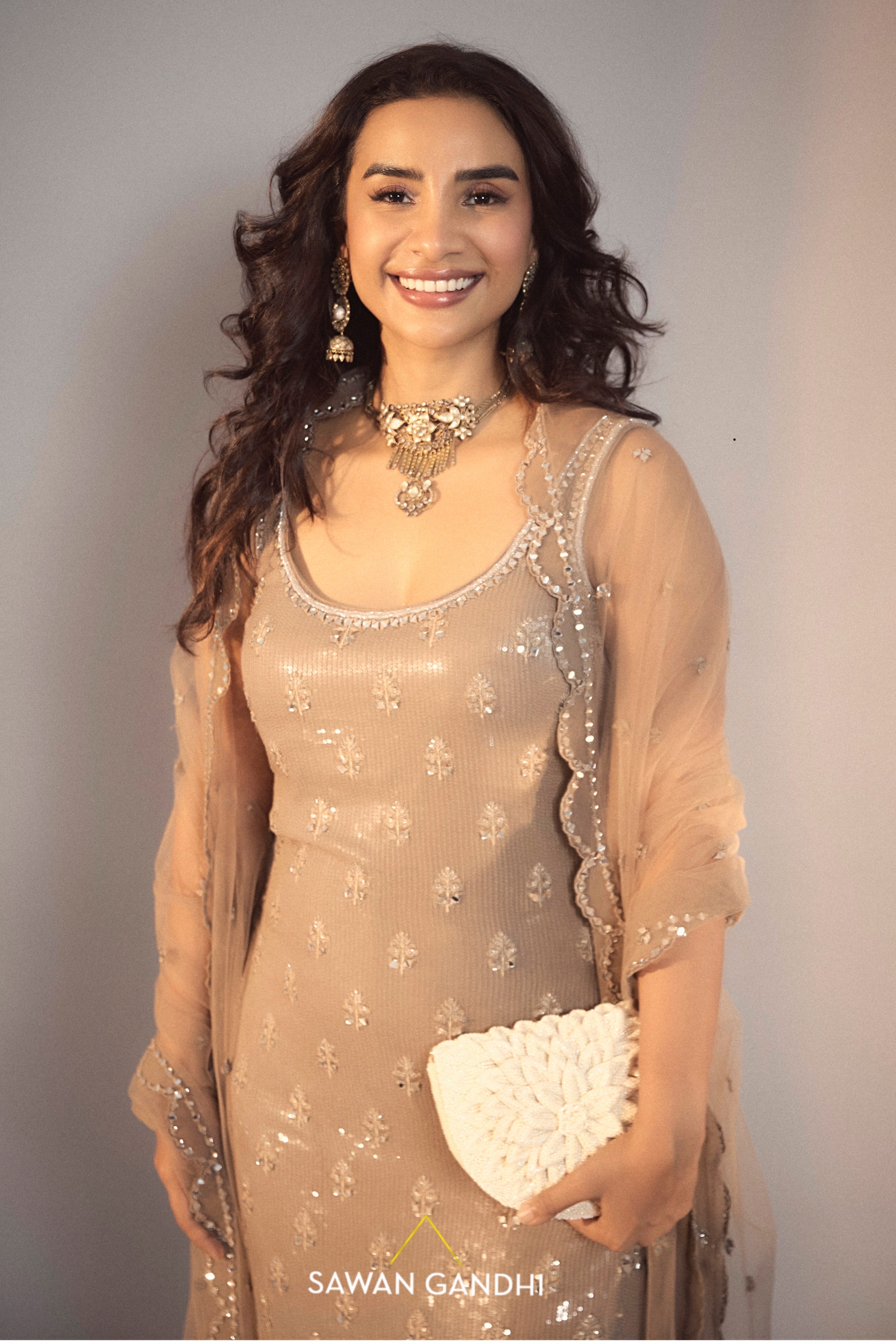 Patralekhaa In Taupe Sequins And Mirror Work Suit
