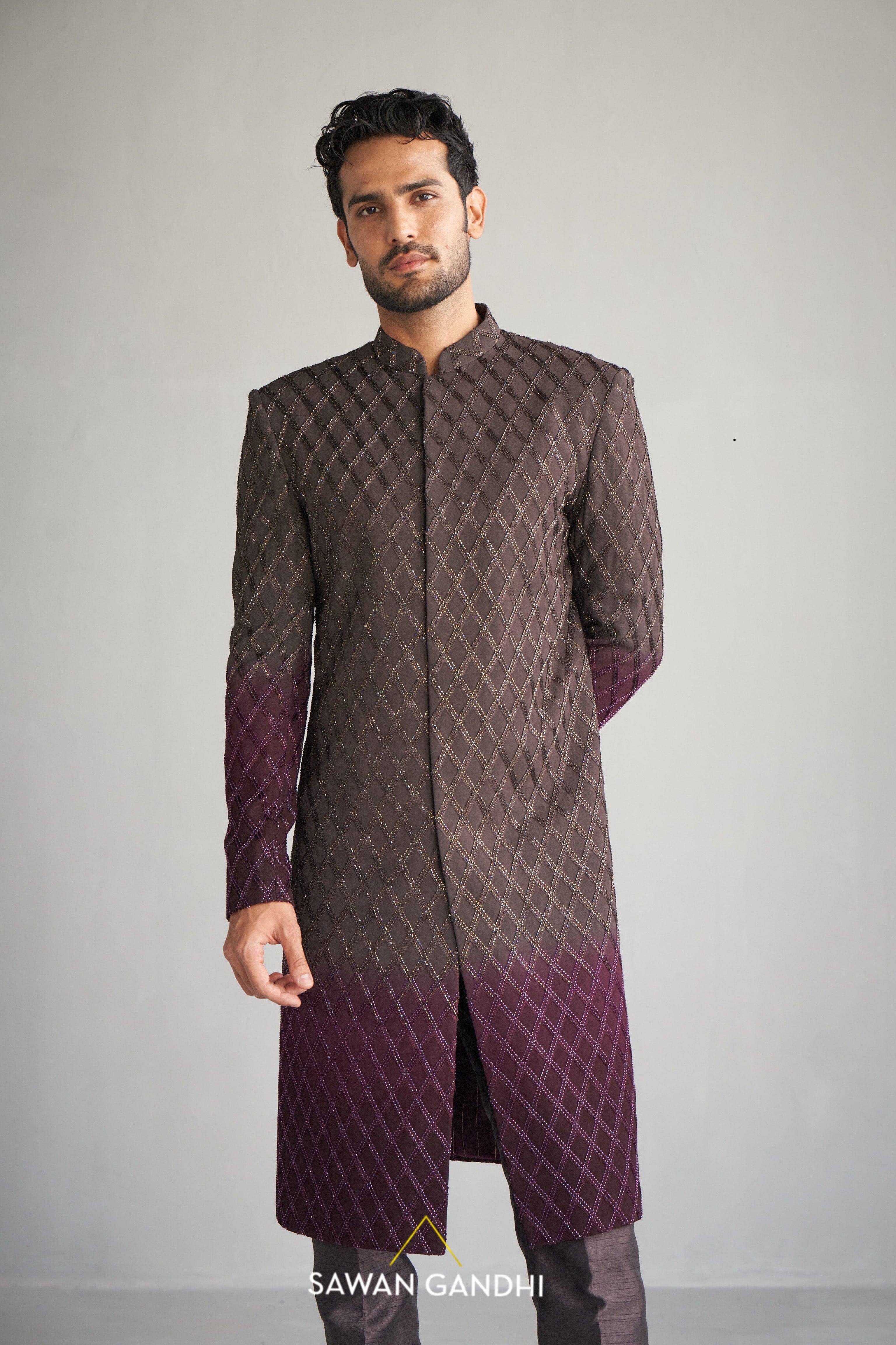 Wine taupe ombre cutdana work sherwani