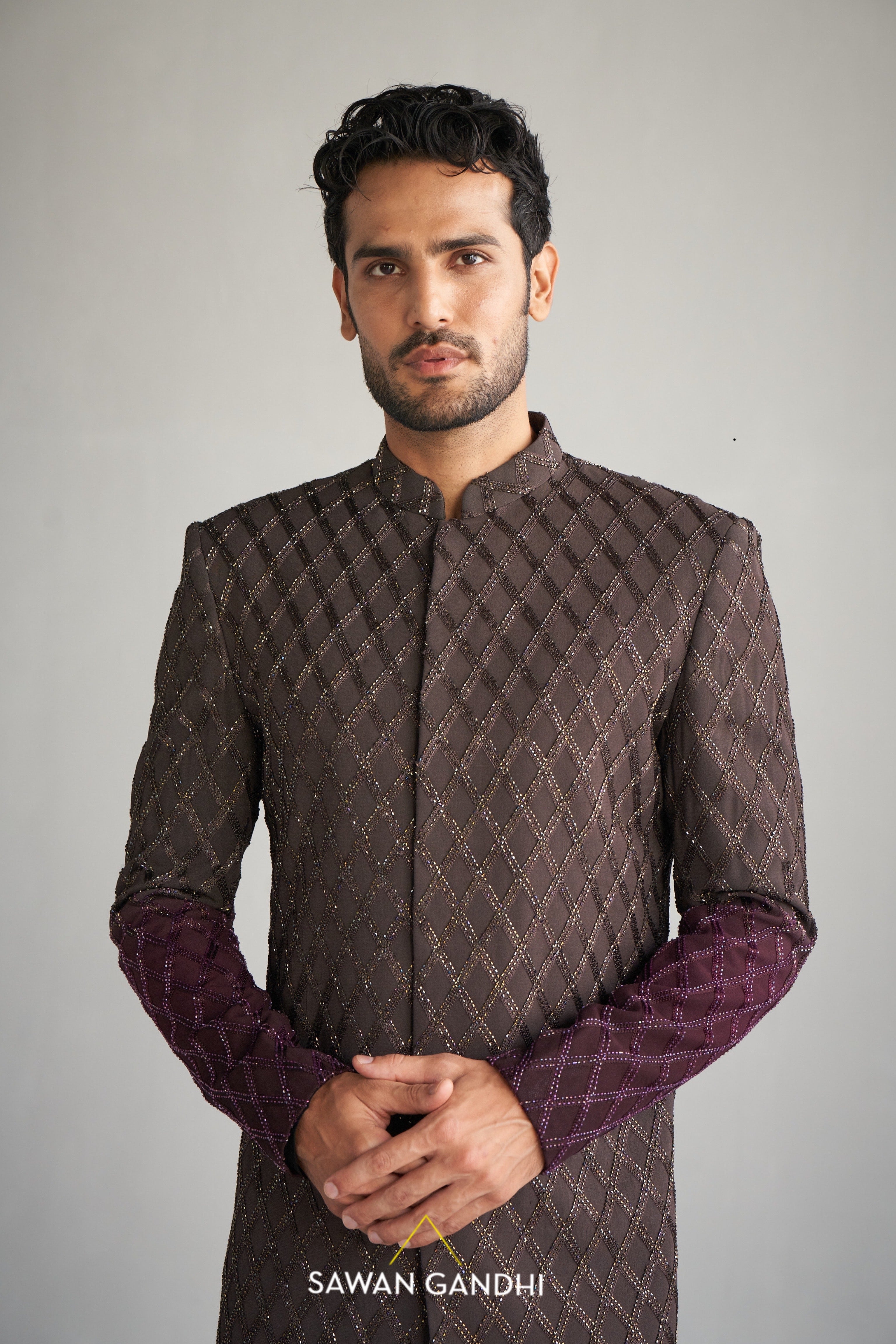 Wine taupe ombre cutdana work sherwani