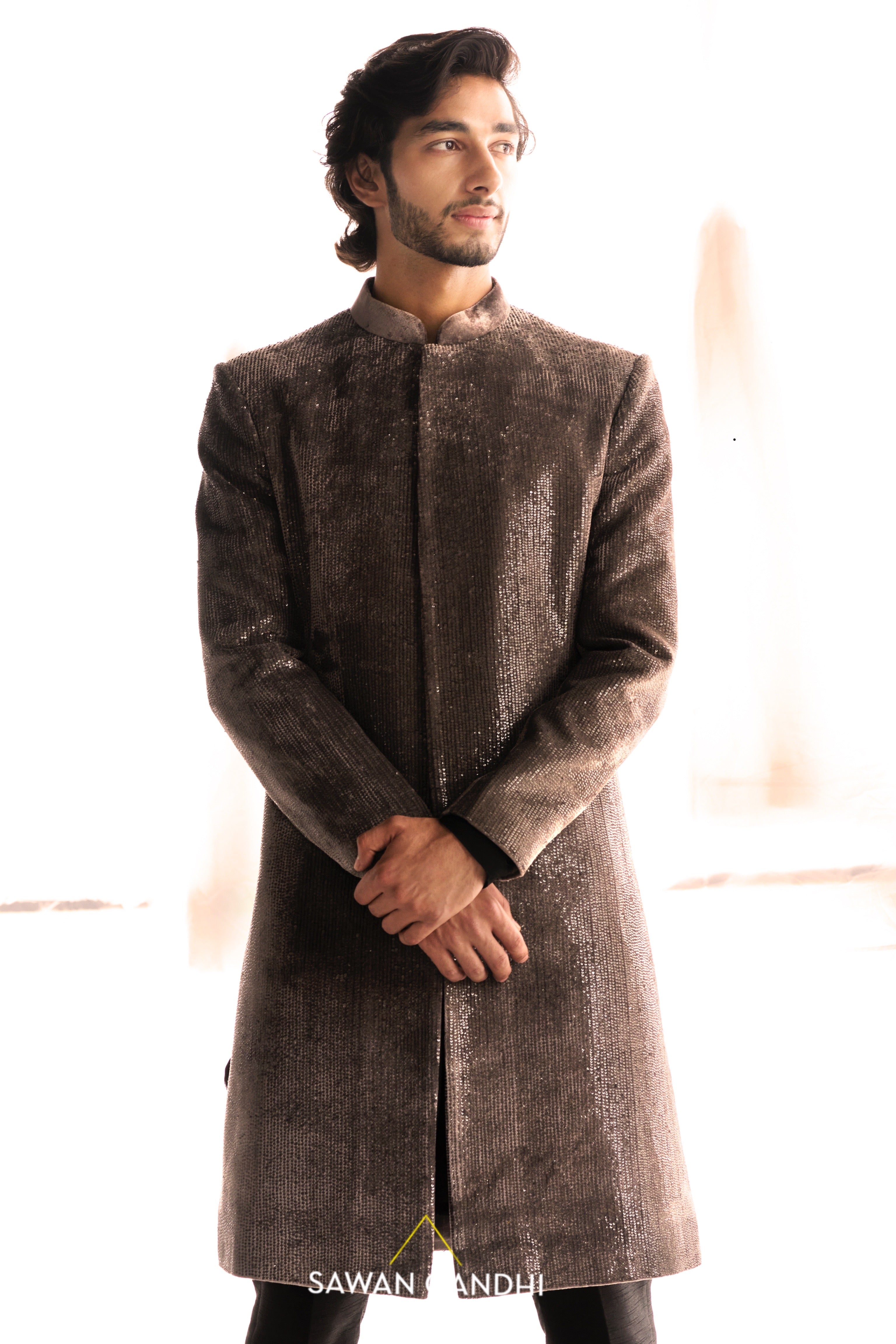 Taupe sequins sherwani
