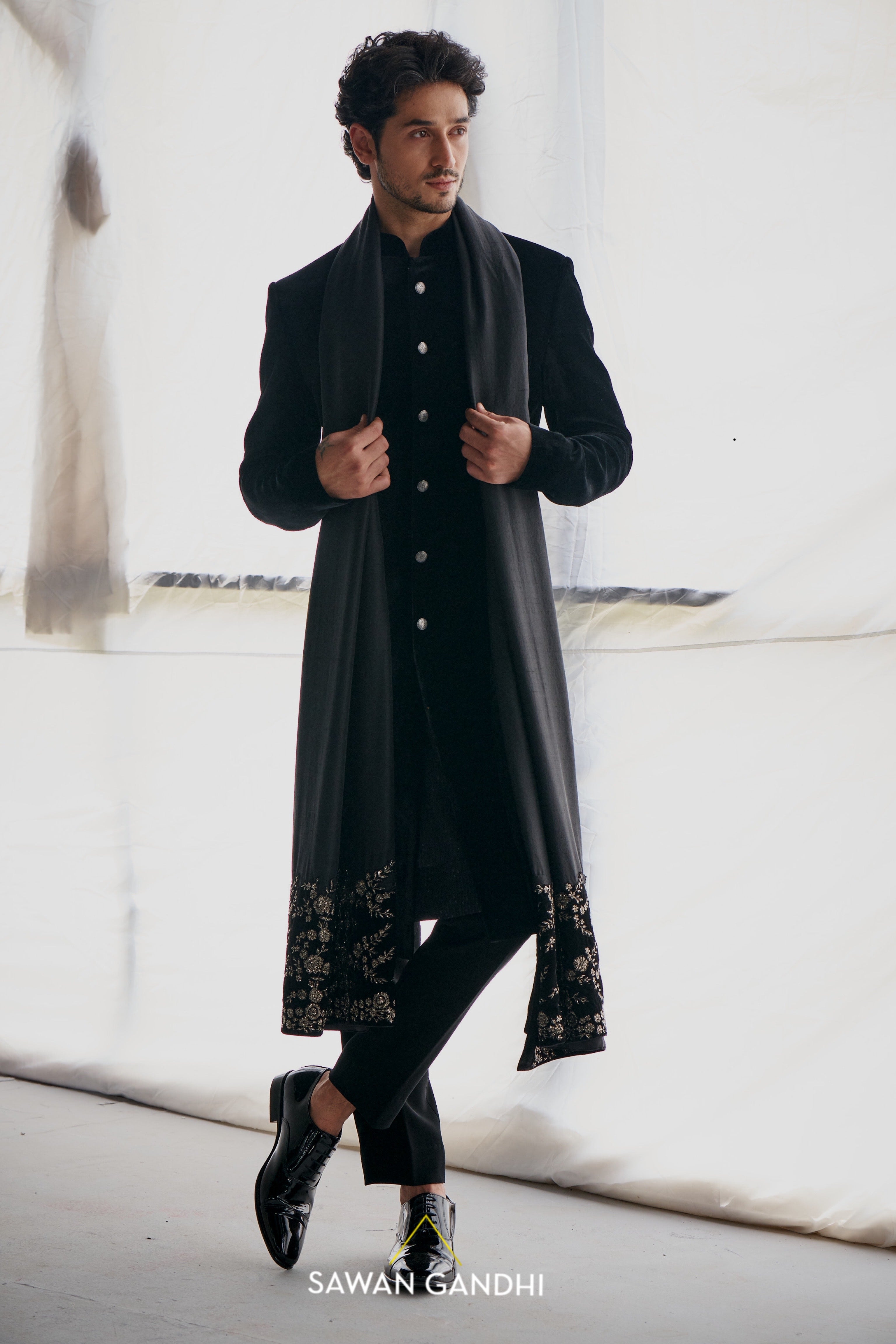 Black velvet sherwani