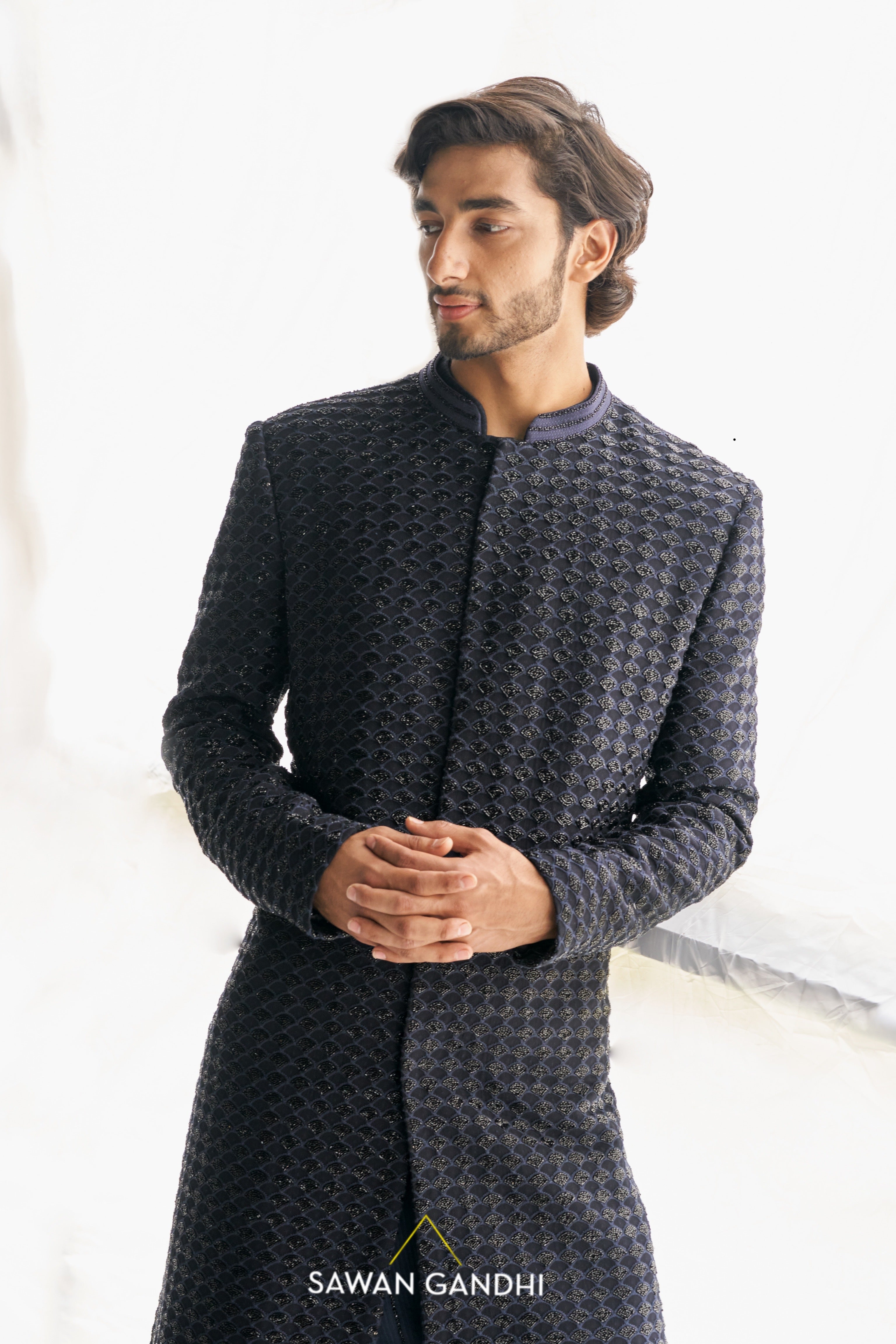 Blue fish scale cutdana sherwani