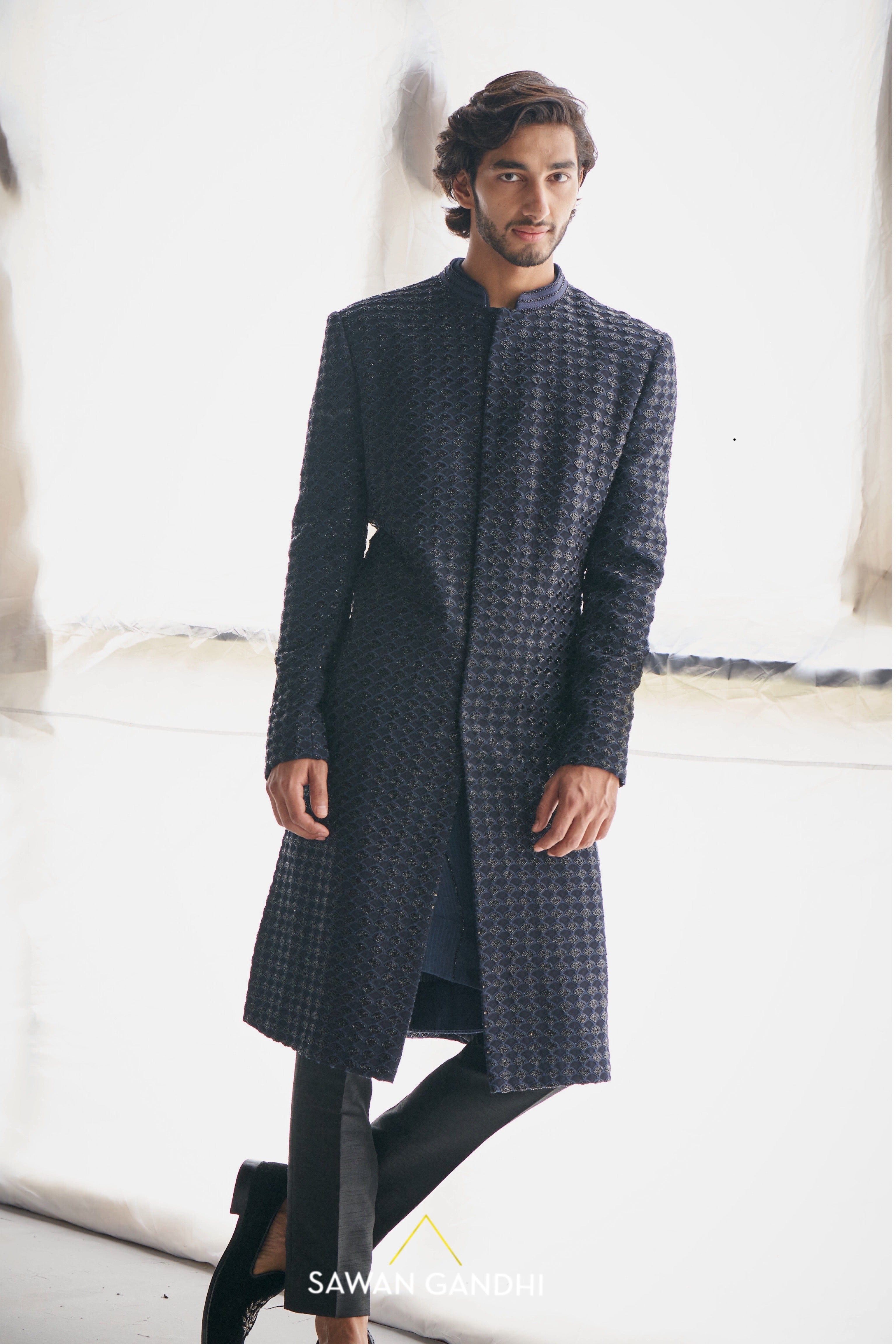 Blue fish scale cutdana sherwani