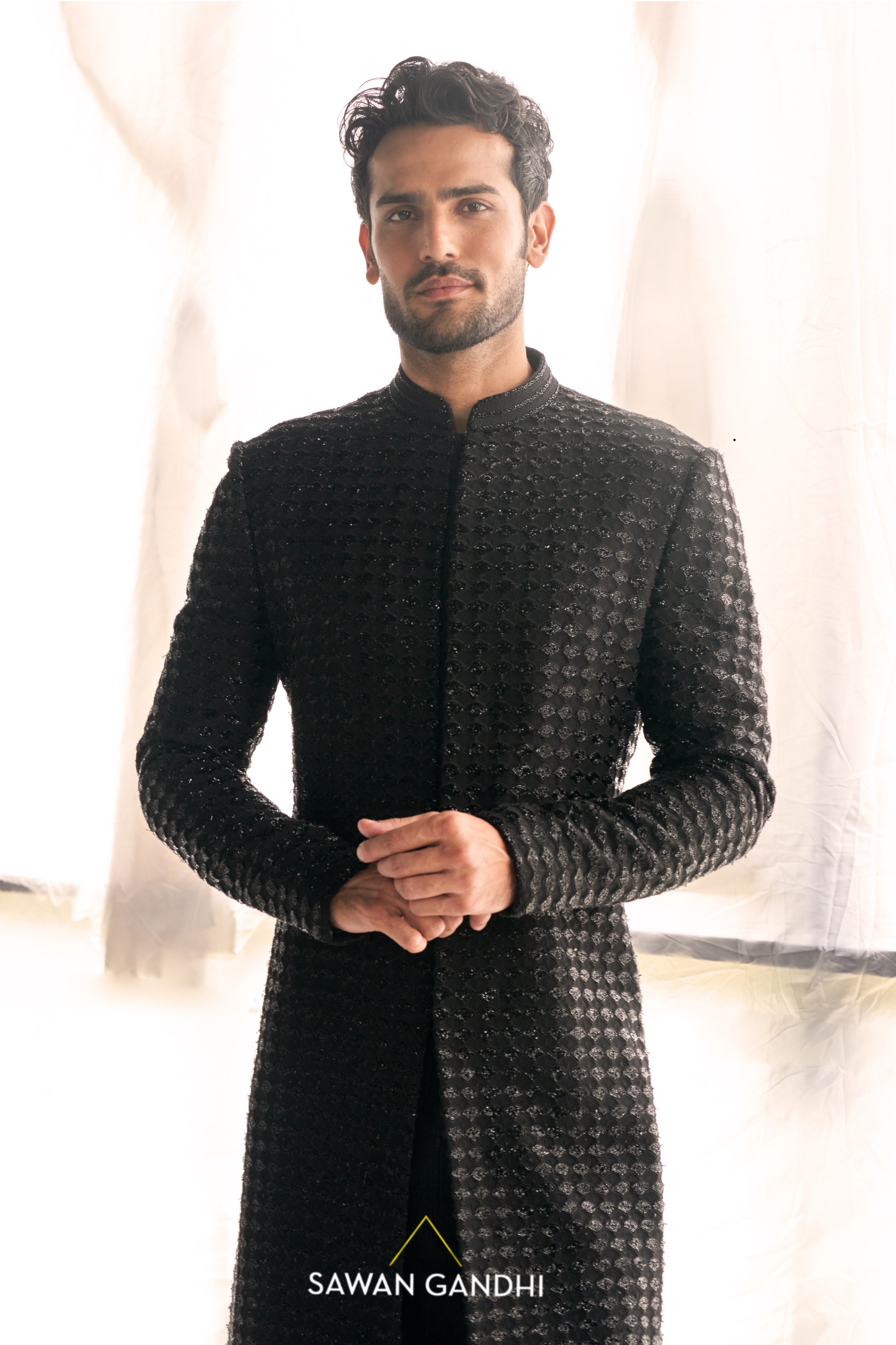 Black fish scale cutdana sherwani