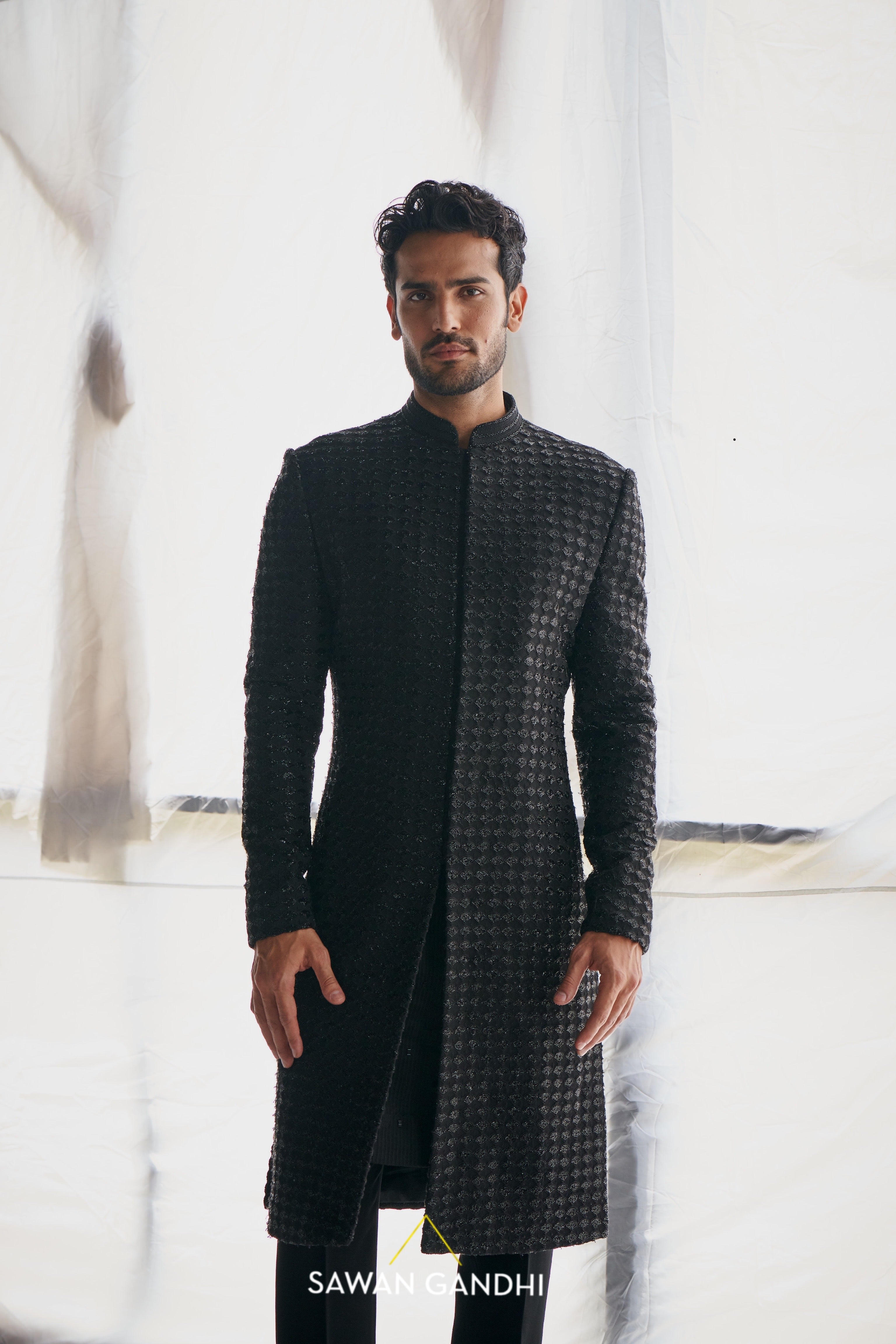 Black fish scale cutdana sherwani