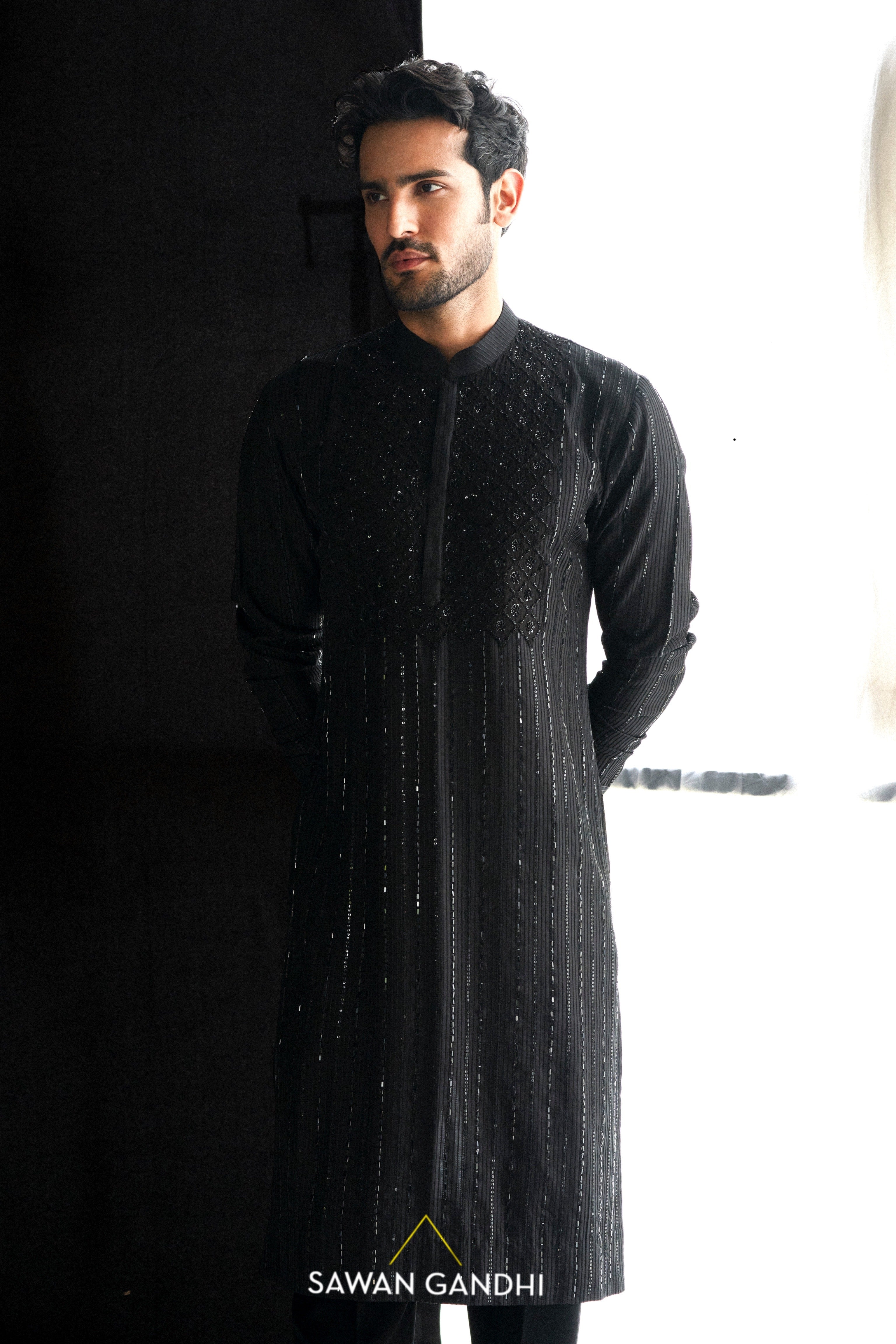 BLACK KURTA WITH CHIKANKARI PLACKET