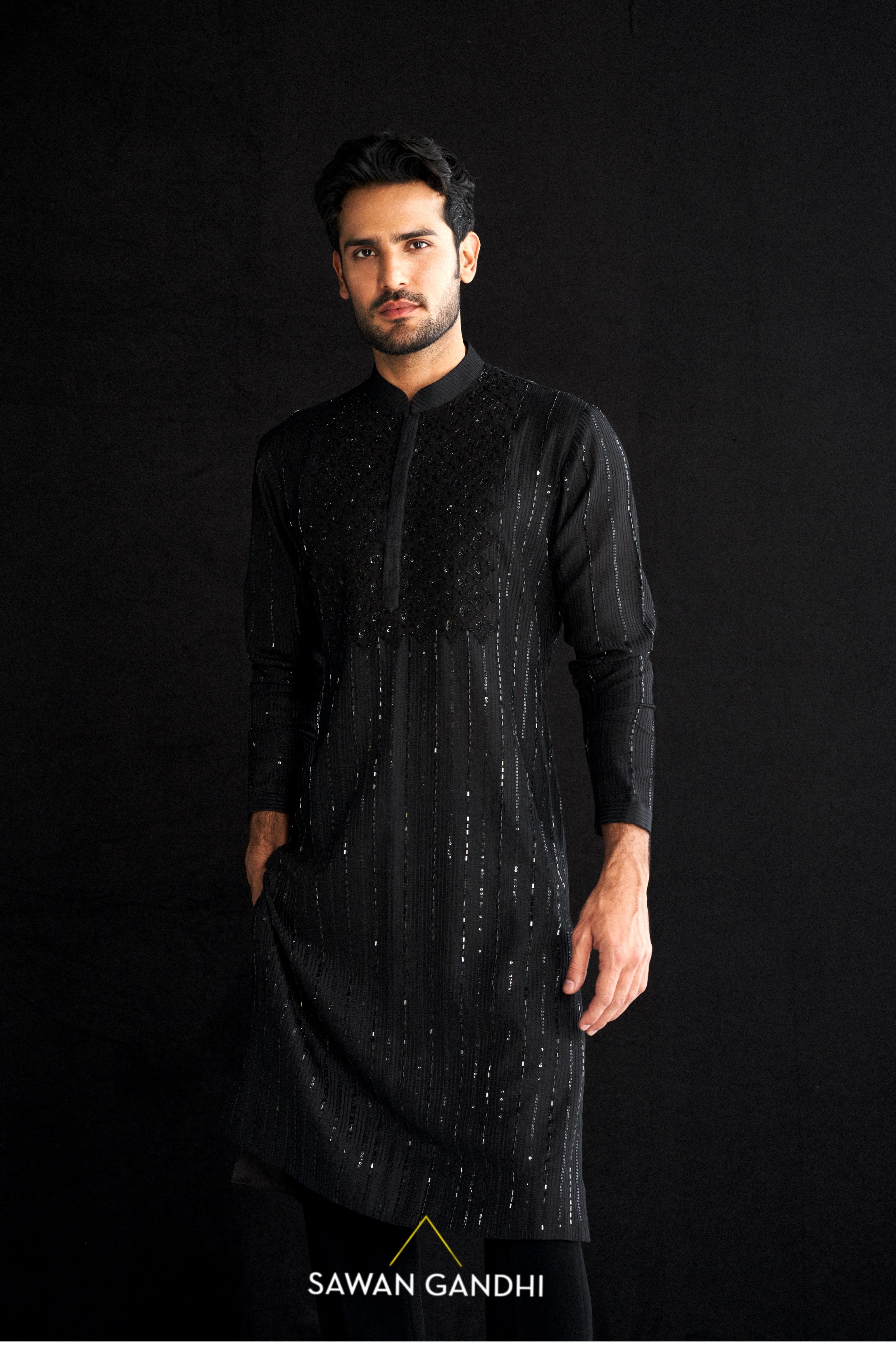 BLACK KURTA WITH CHIKANKARI PLACKET