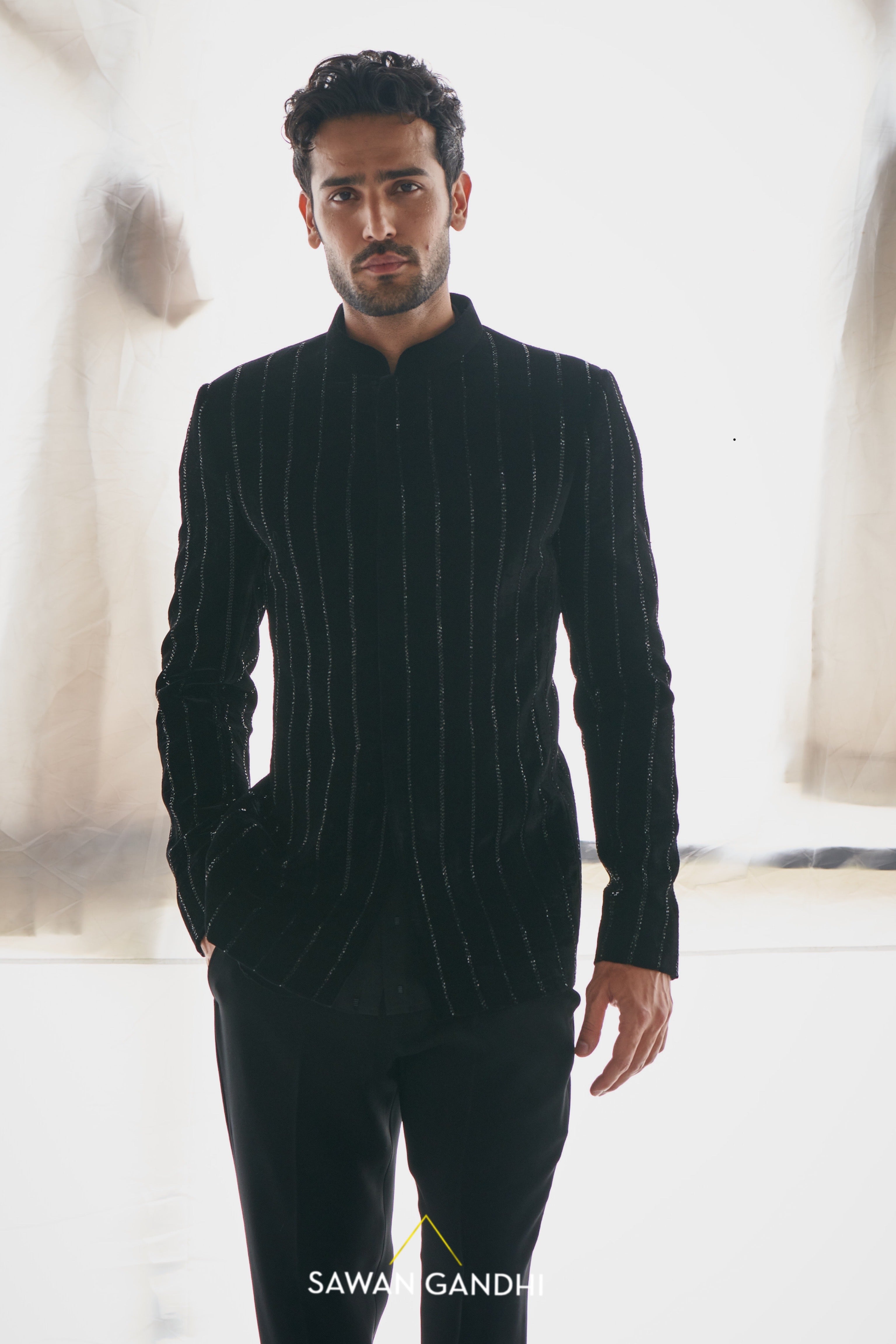 Black velvet cutdana stripe bandhgala