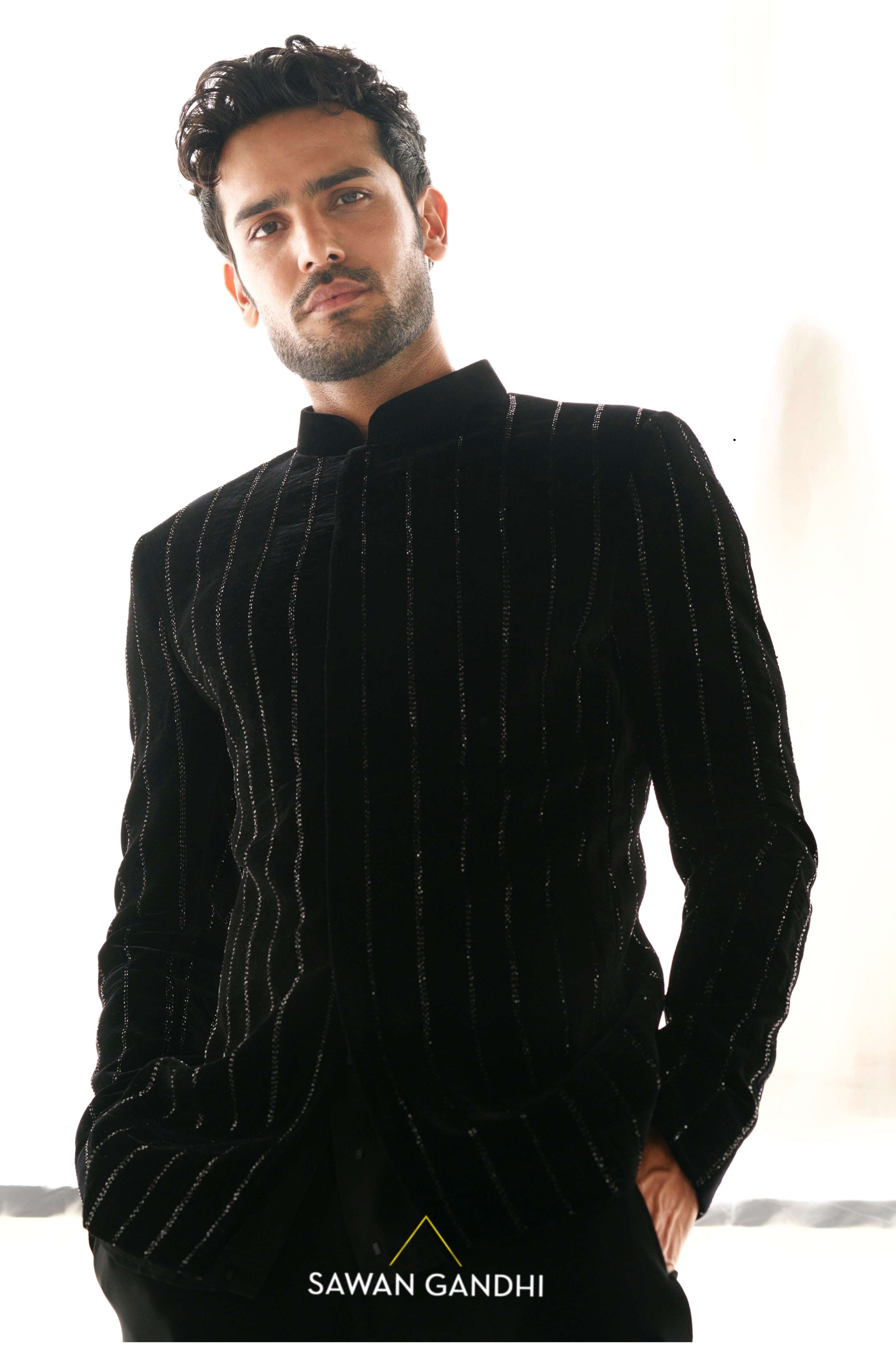 Black velvet cutdana stripe bandhgala