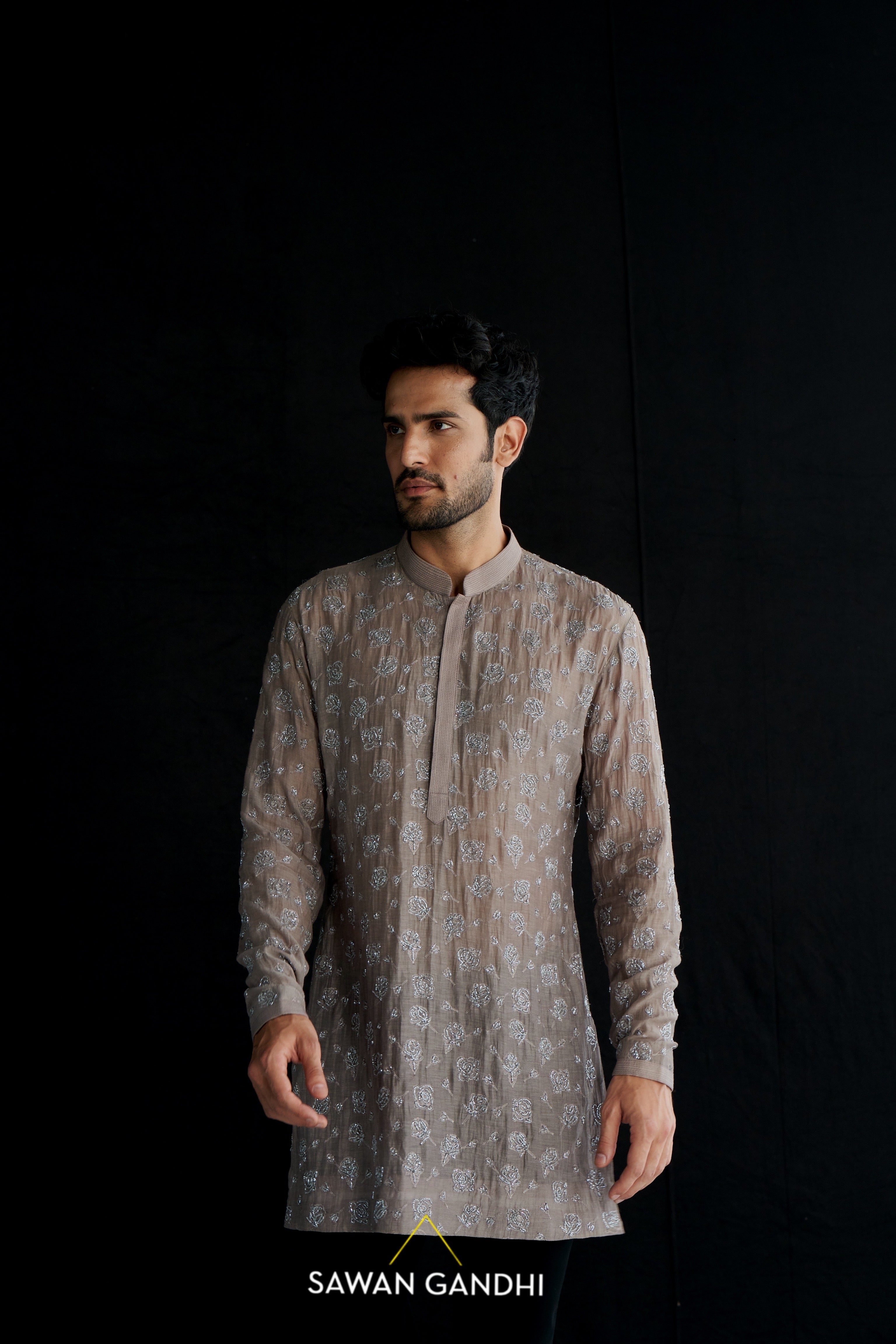 Grey rose cutdana kurta