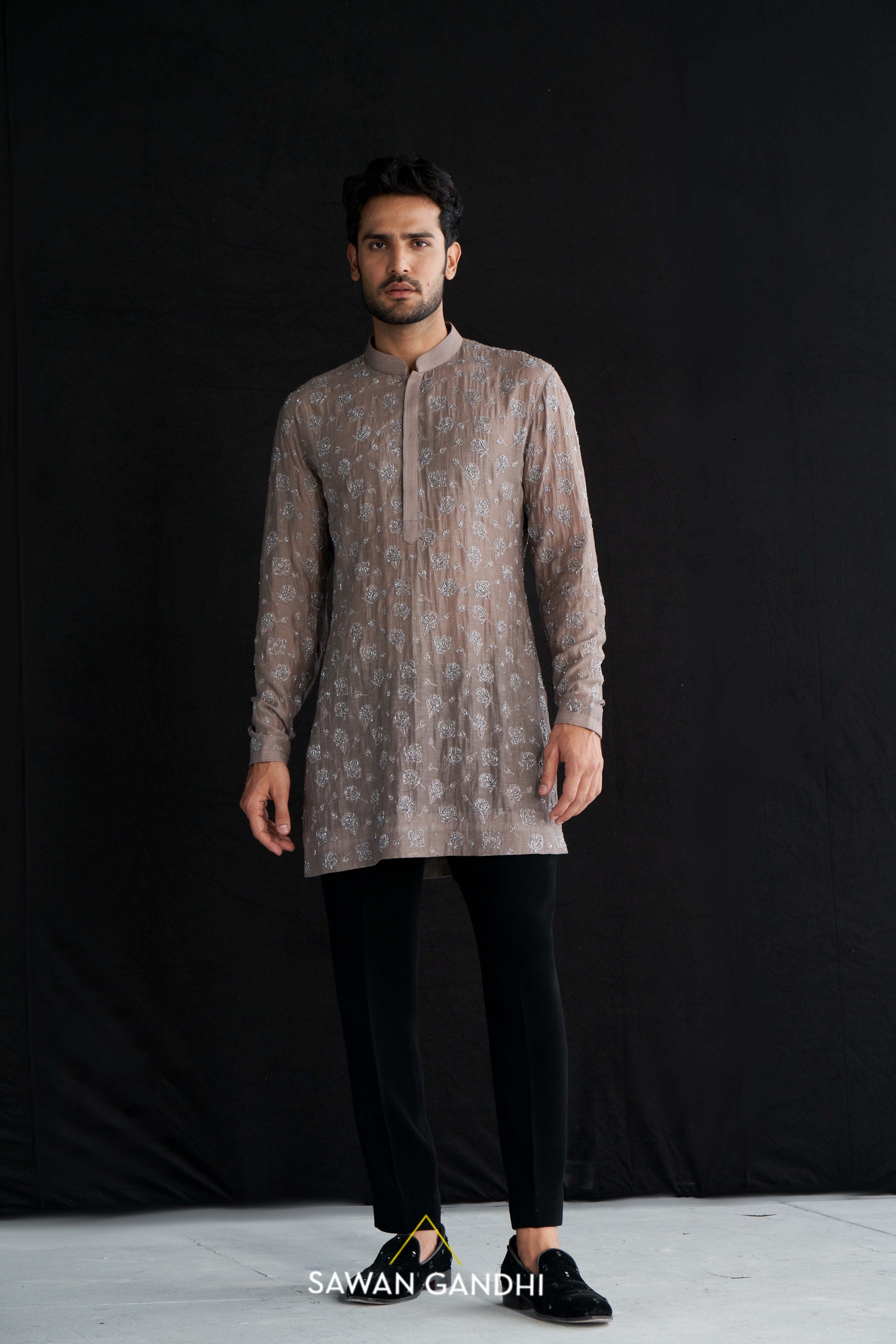 Grey rose cutdana kurta
