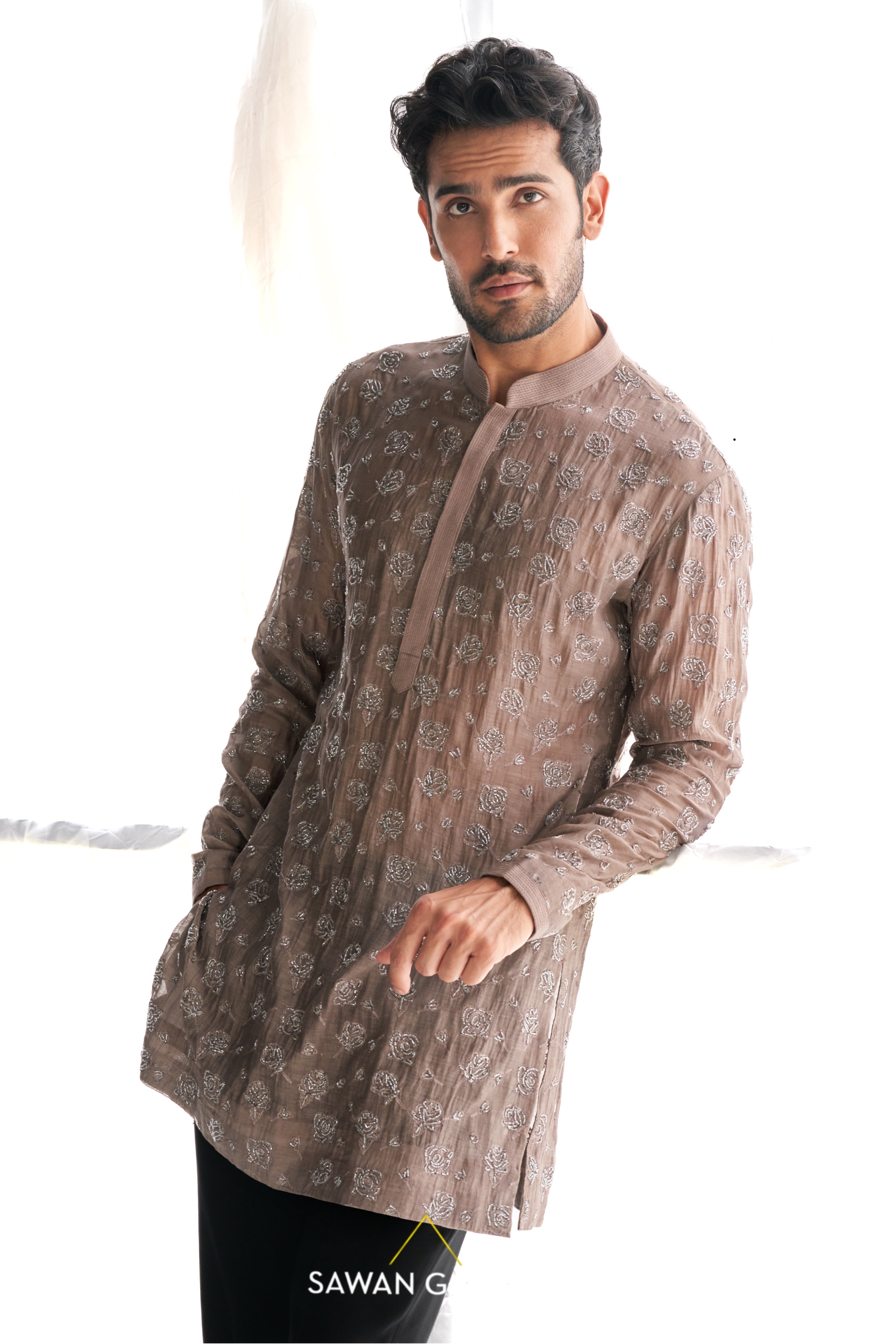 Grey rose cutdana kurta