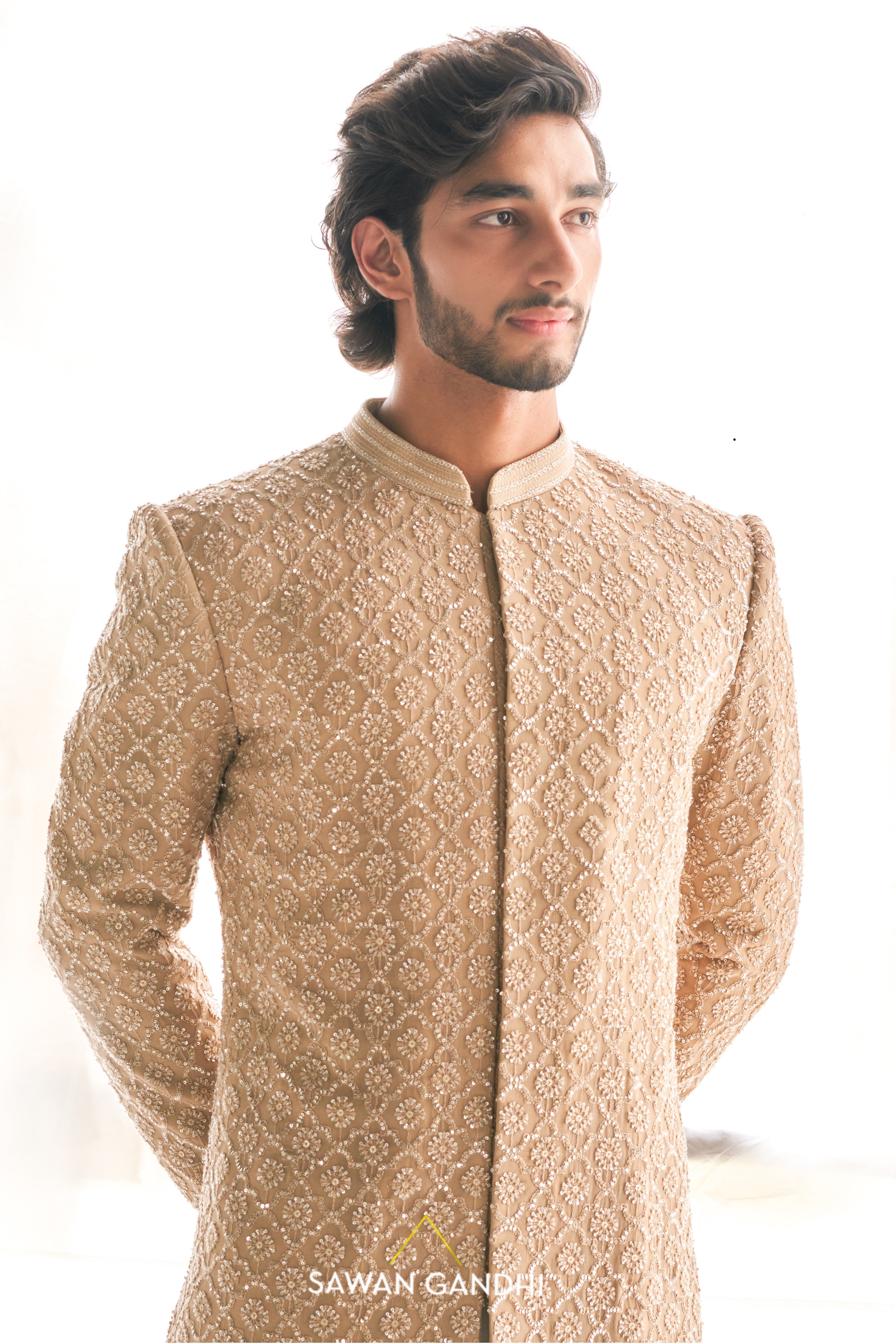 Dark beige Chikankari sherwani