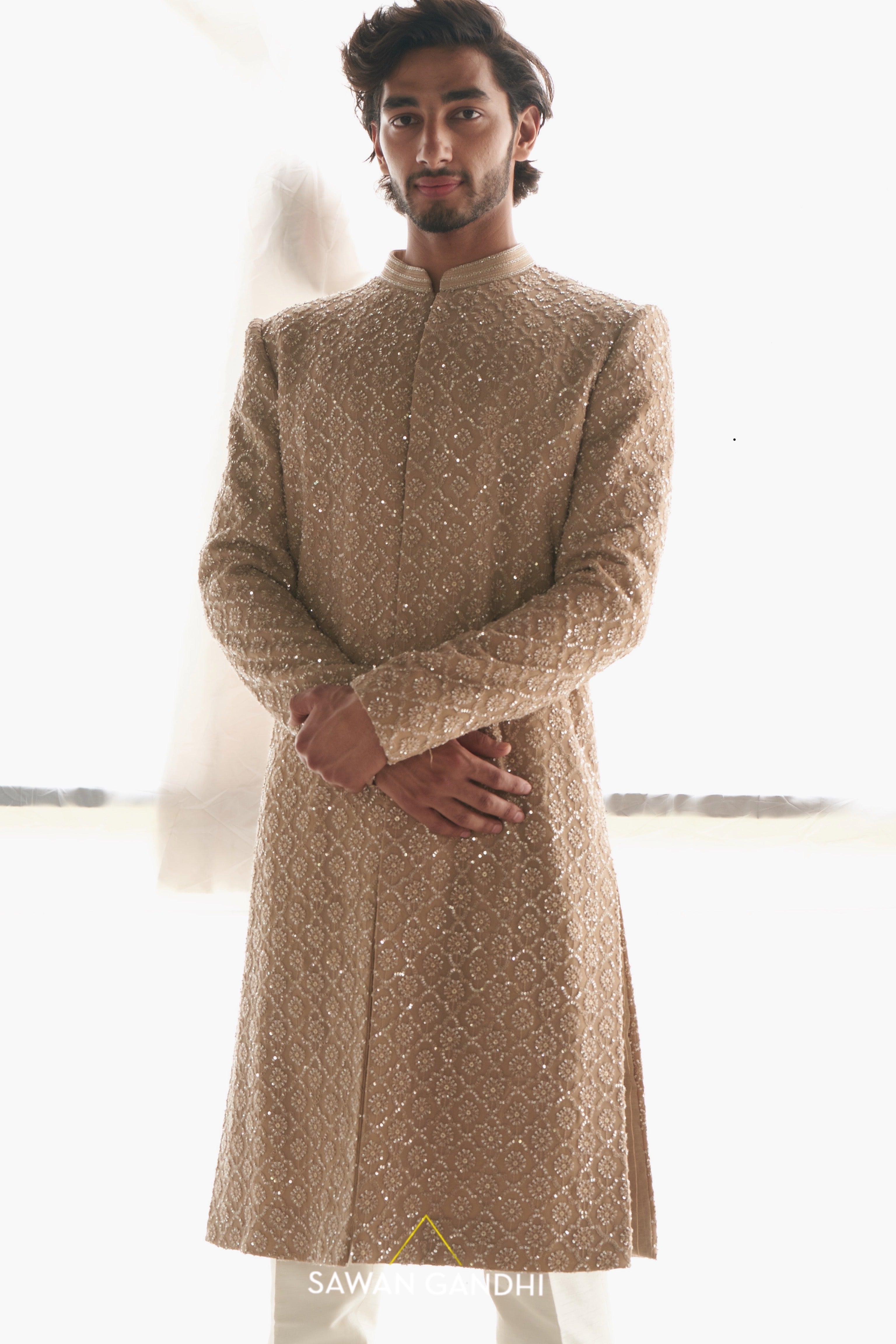 Dark beige Chikankari sherwani