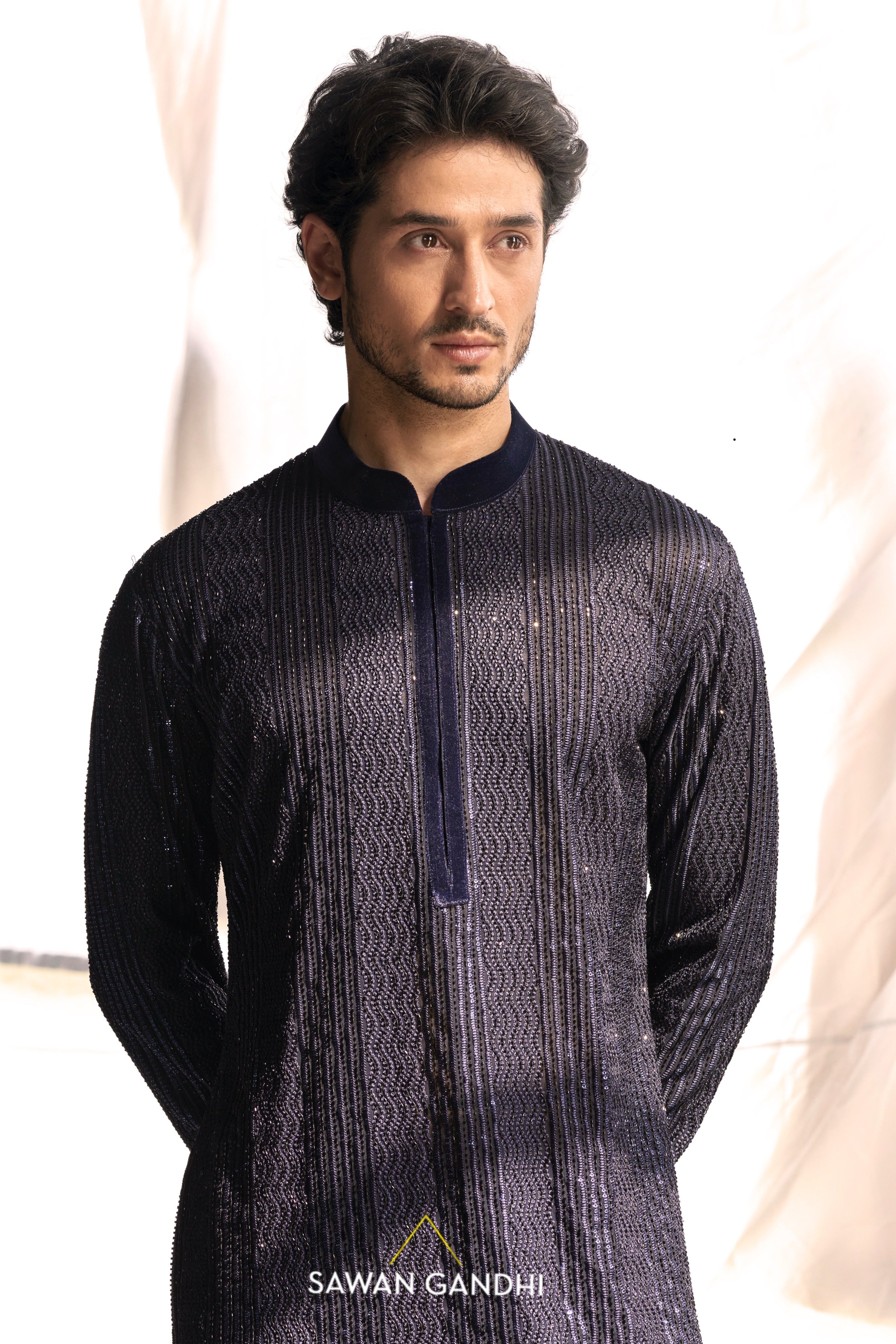 Blue cutdana thread work kurta