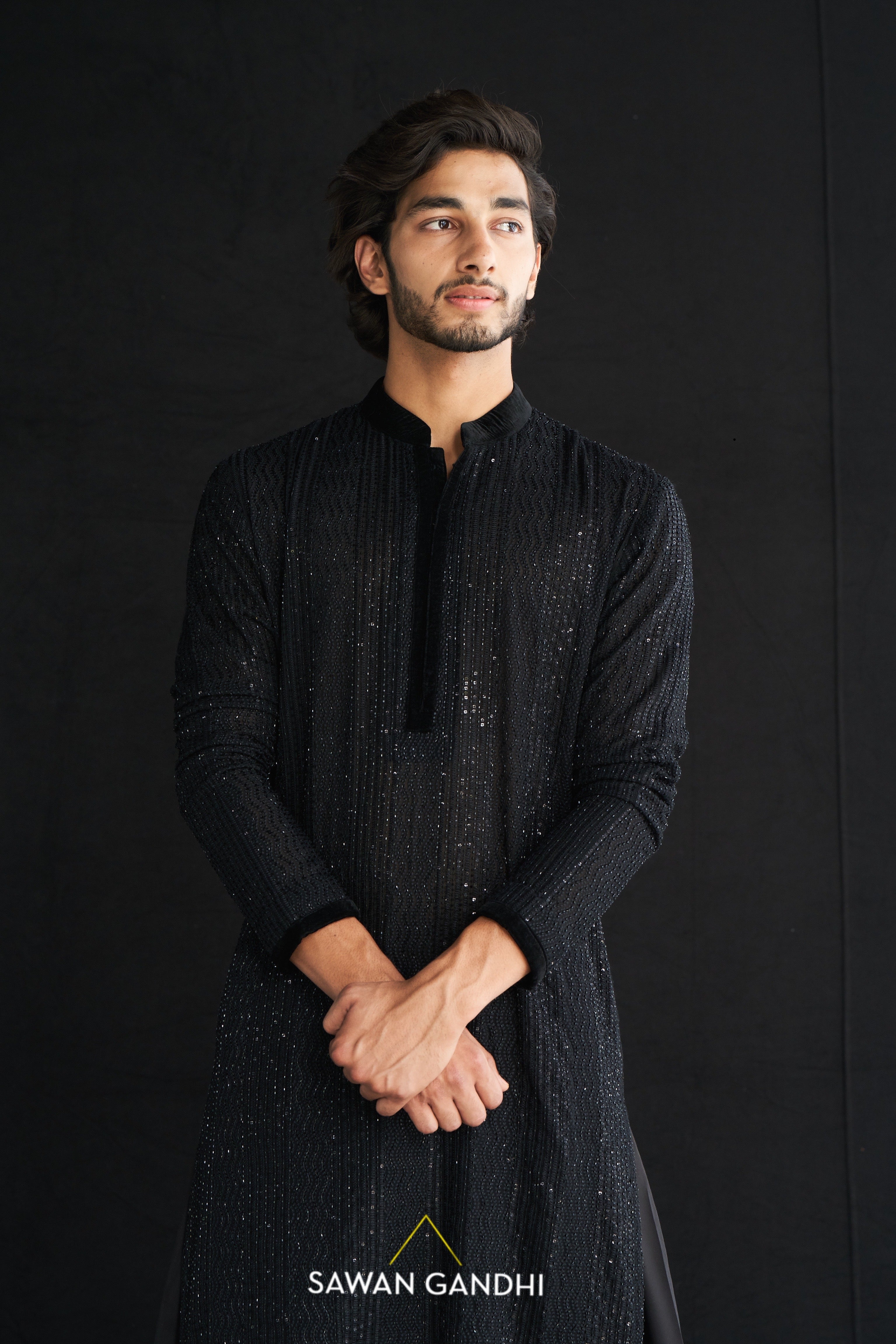 Black cutdana thread work kurta