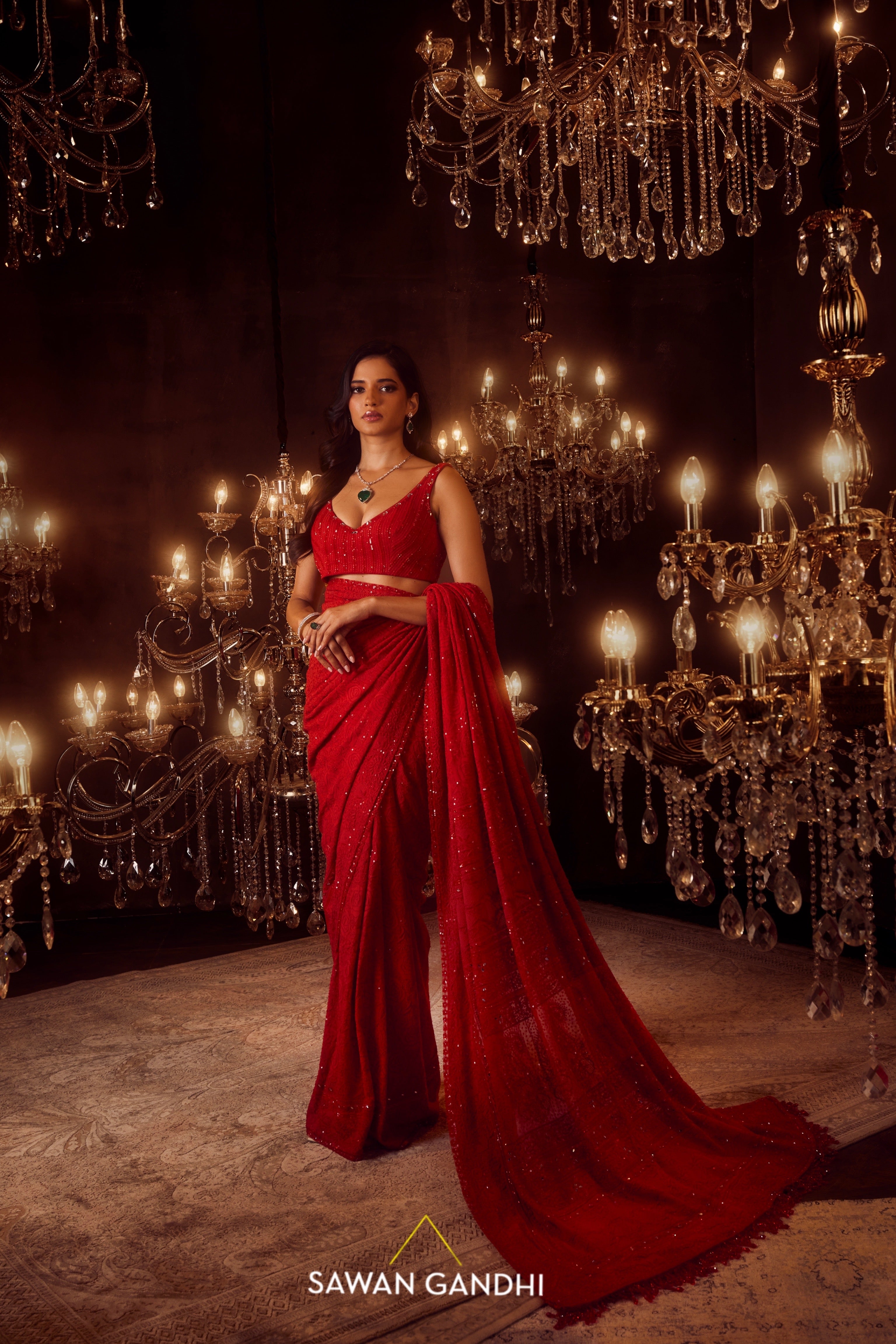 Scarlet chikankari saree