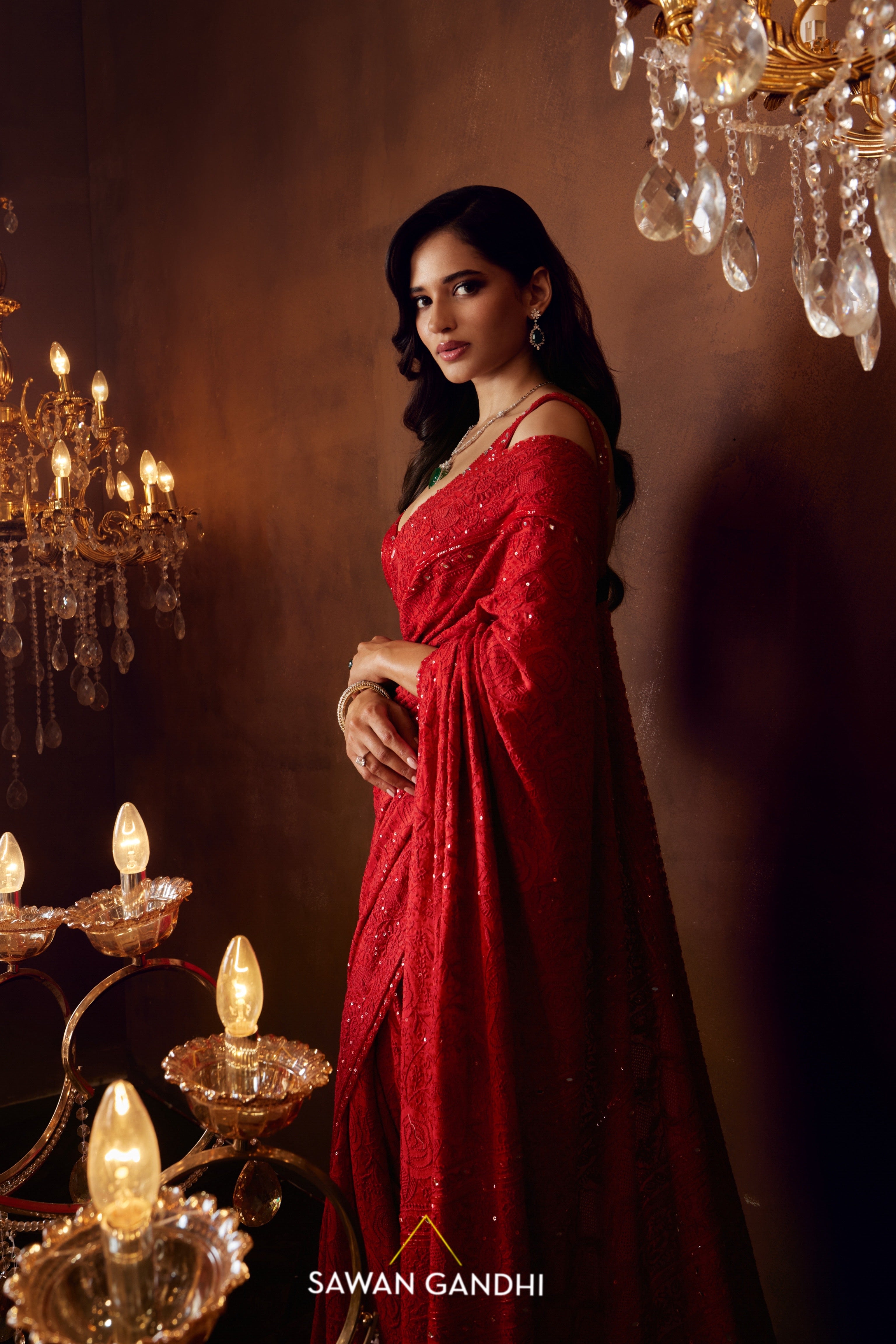 Scarlet chikankari saree