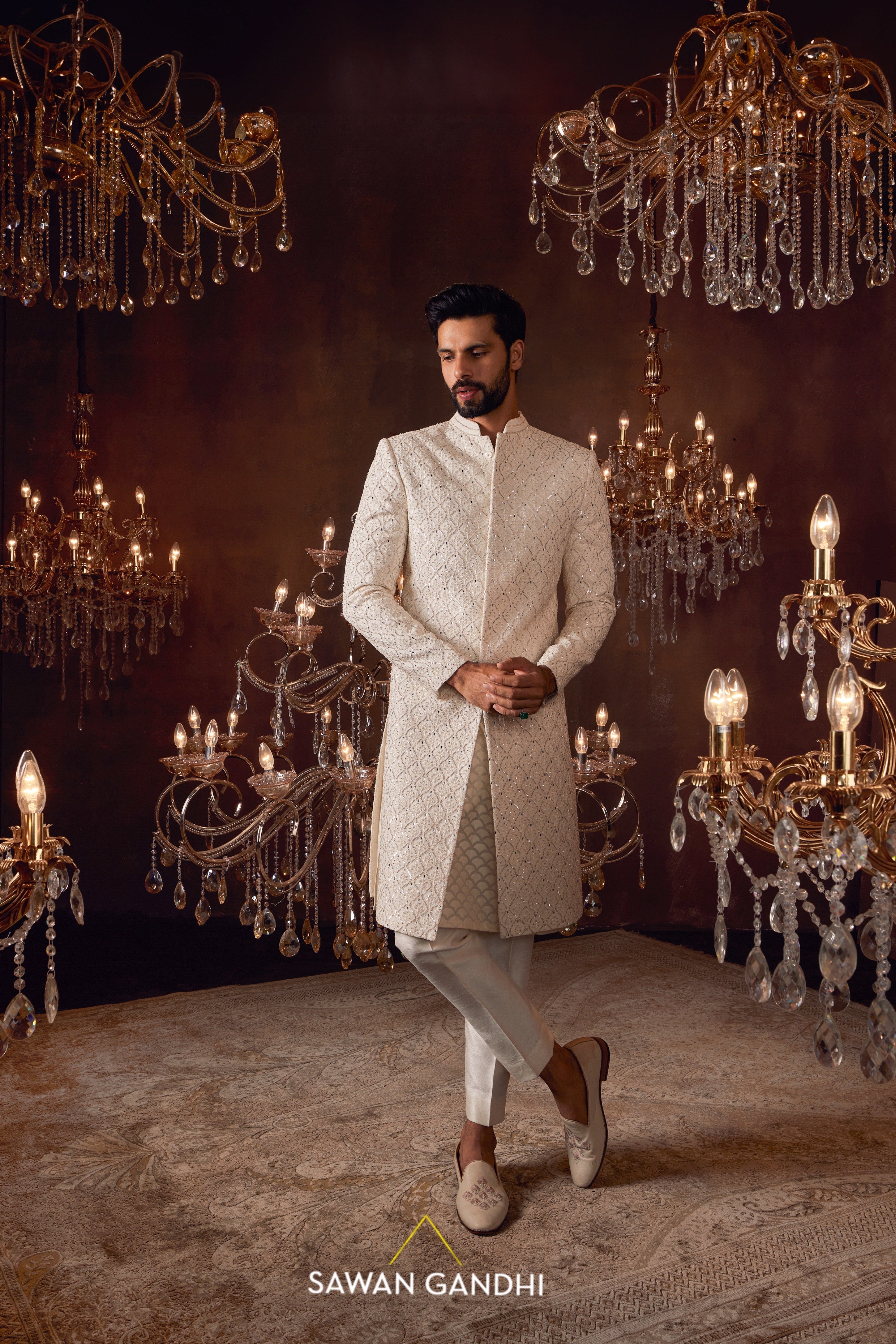 Ivory honeycomb chikankari sherwani