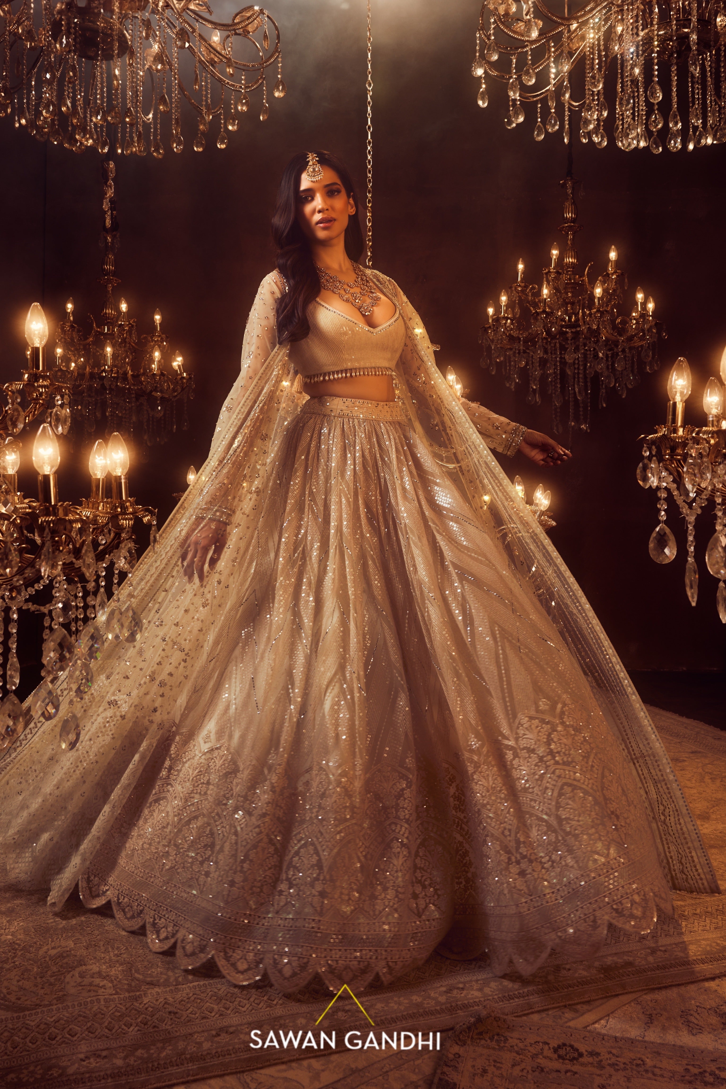 Bone beige cape jacket and lehnga set