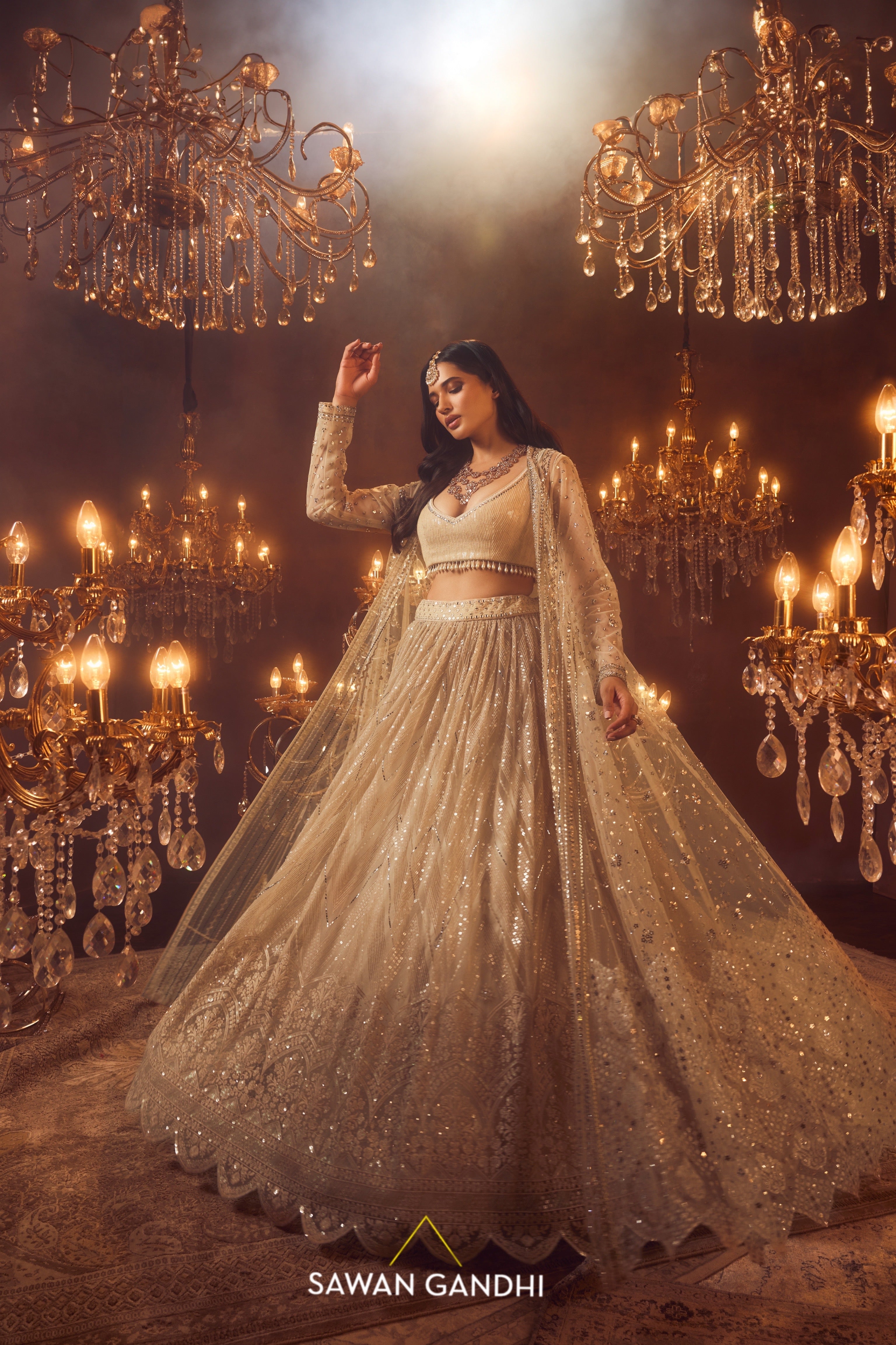 Bone beige cape jacket and lehnga set