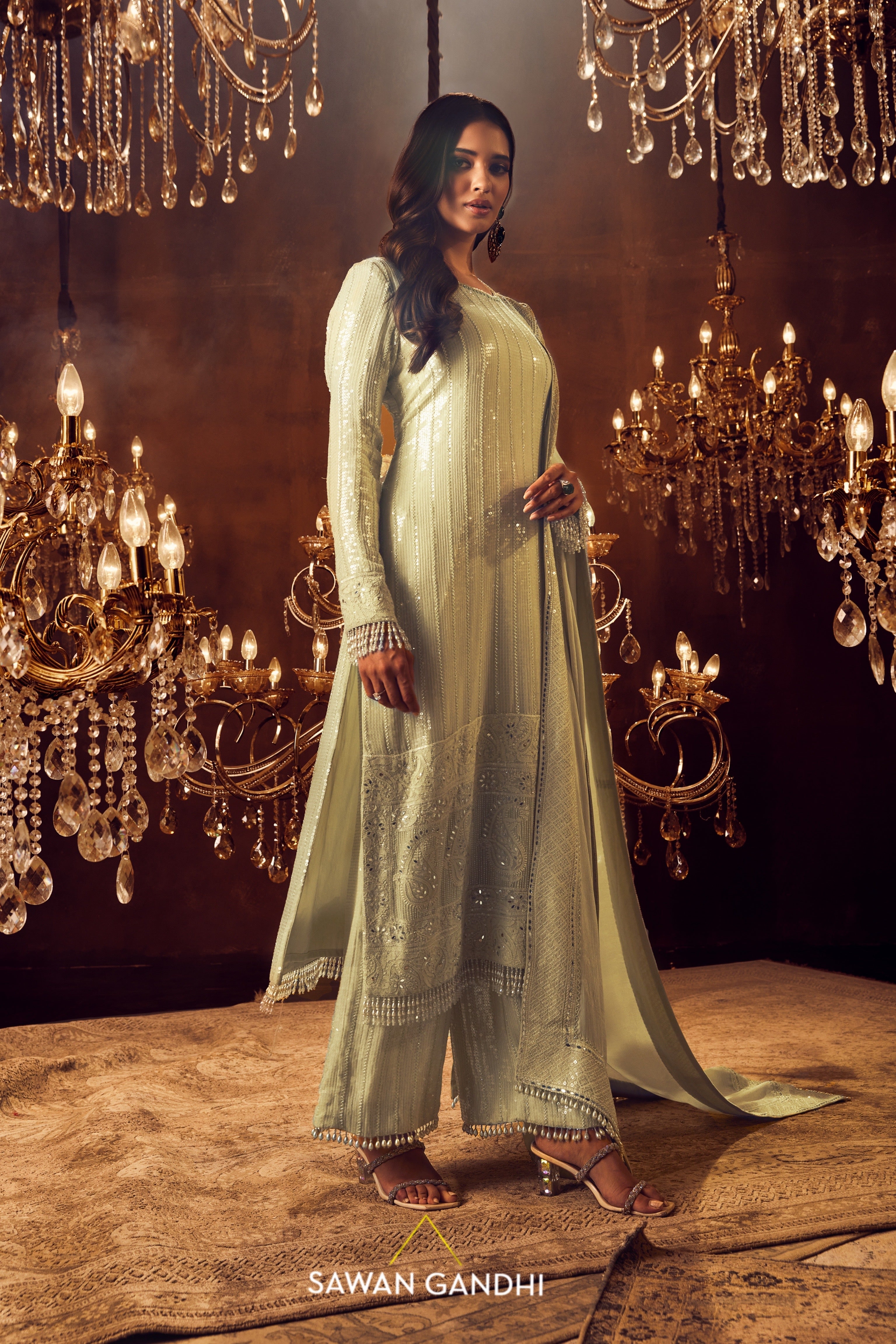 Mint green paani sequins chikankari border suit