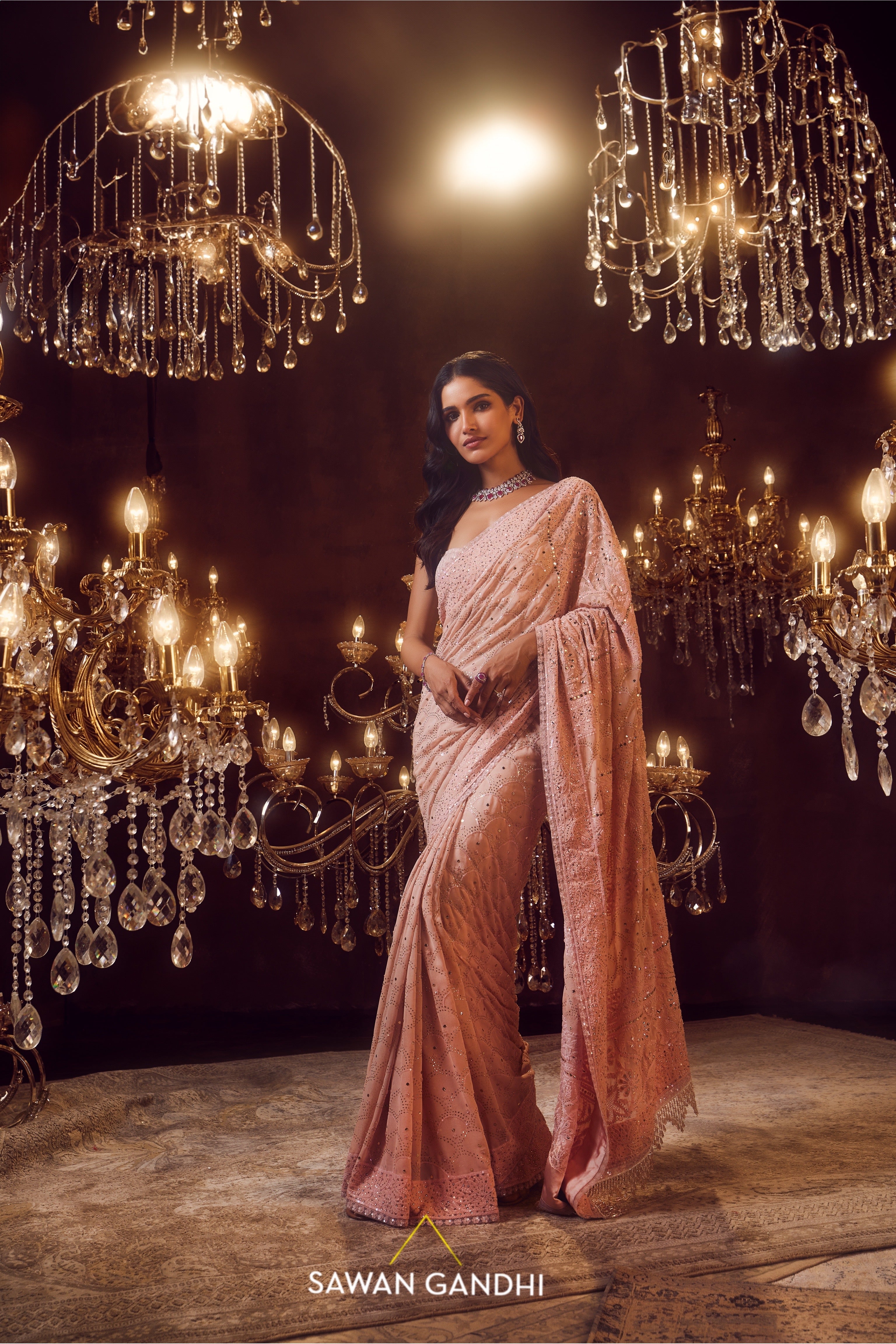 Peach mukaish scalop chikankari saree set