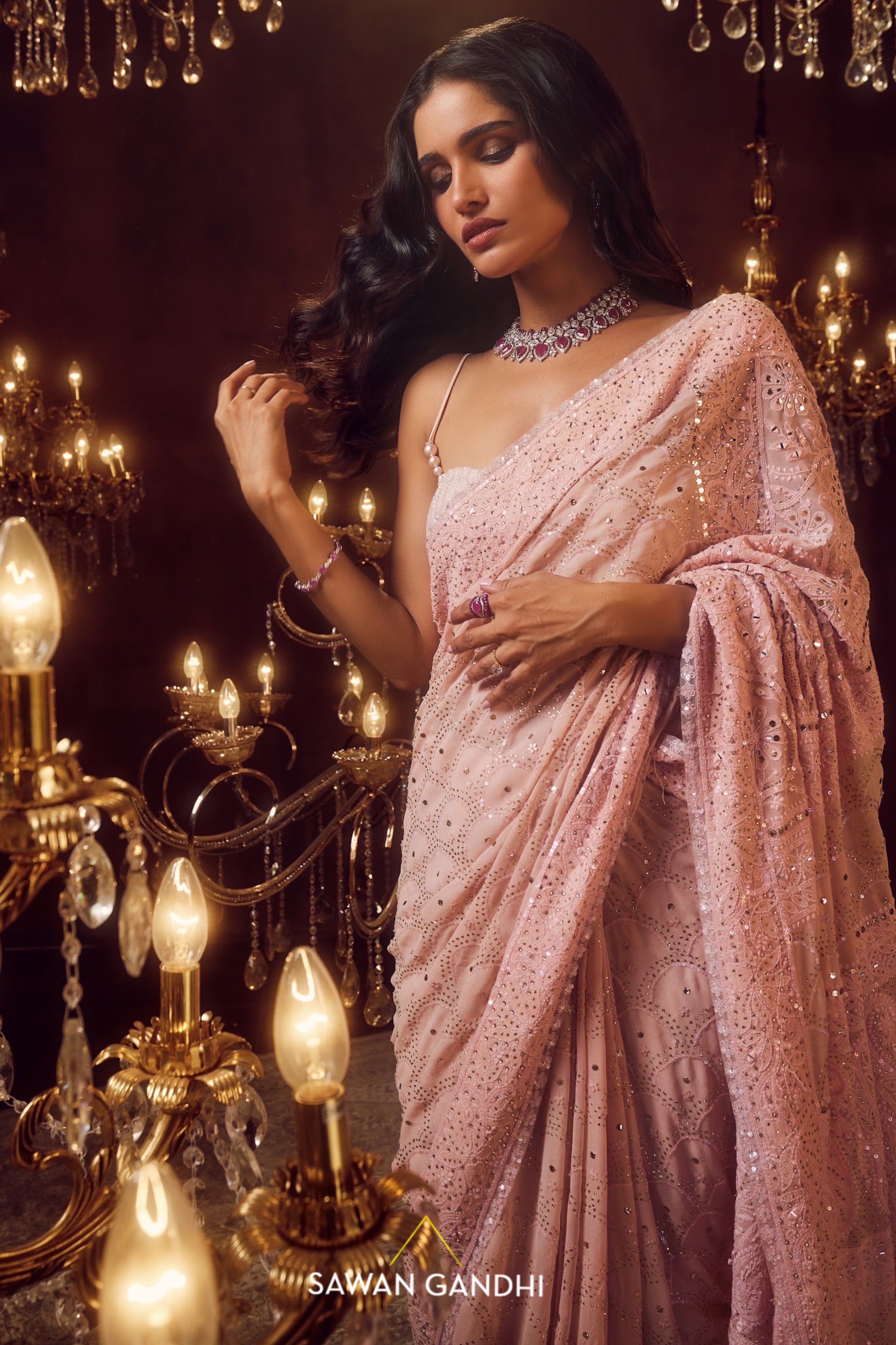 Peach mukaish scalop chikankari saree set