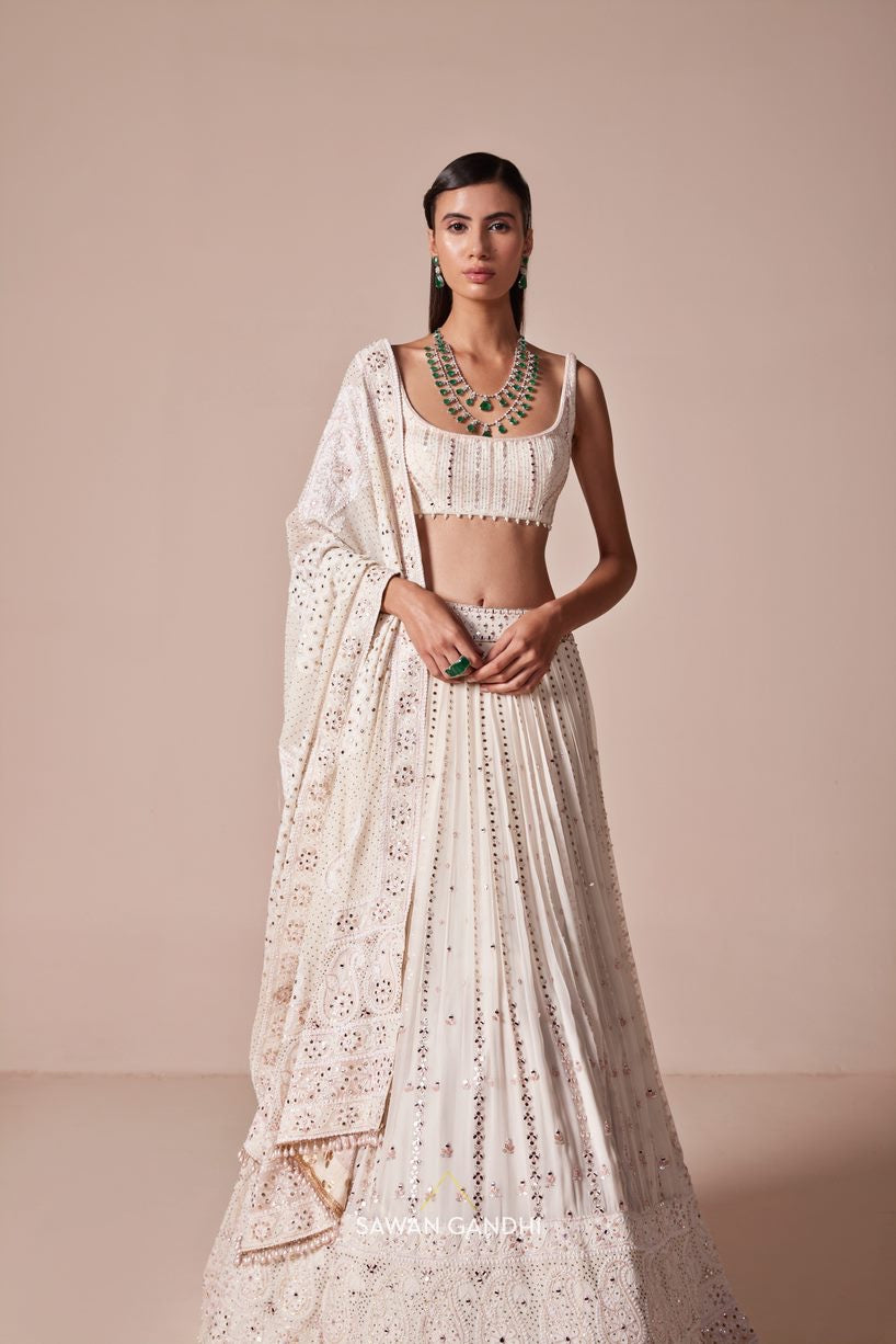 Ivory Chikankari border and vertical mirror lines lehnga set