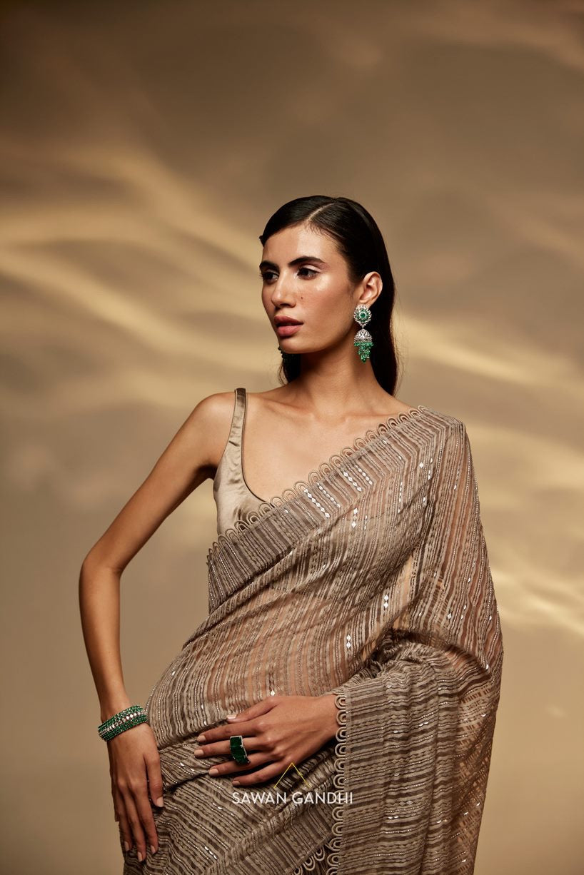 Taupe ghqicha organza saree set
