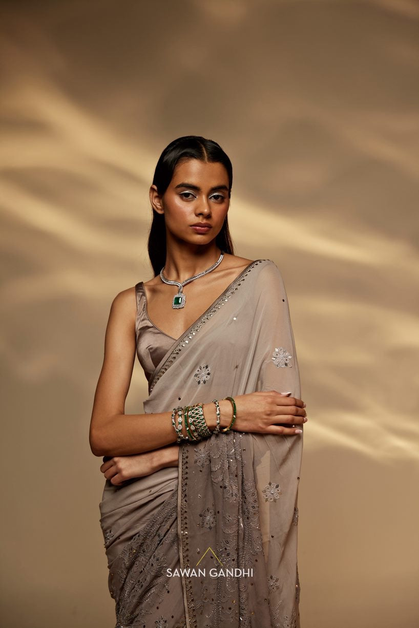 Taupe grey ombre chikankari saree set