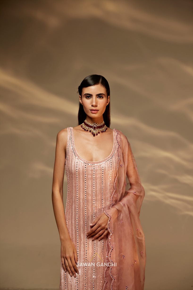 Rose gold mirror work sharara suit set
