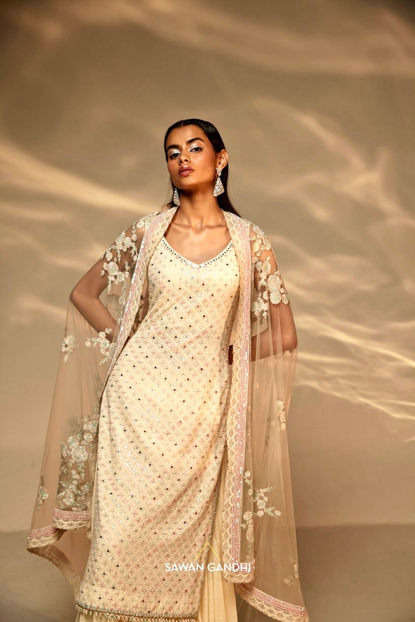 Ivory multicolour chikankari sharara suit set