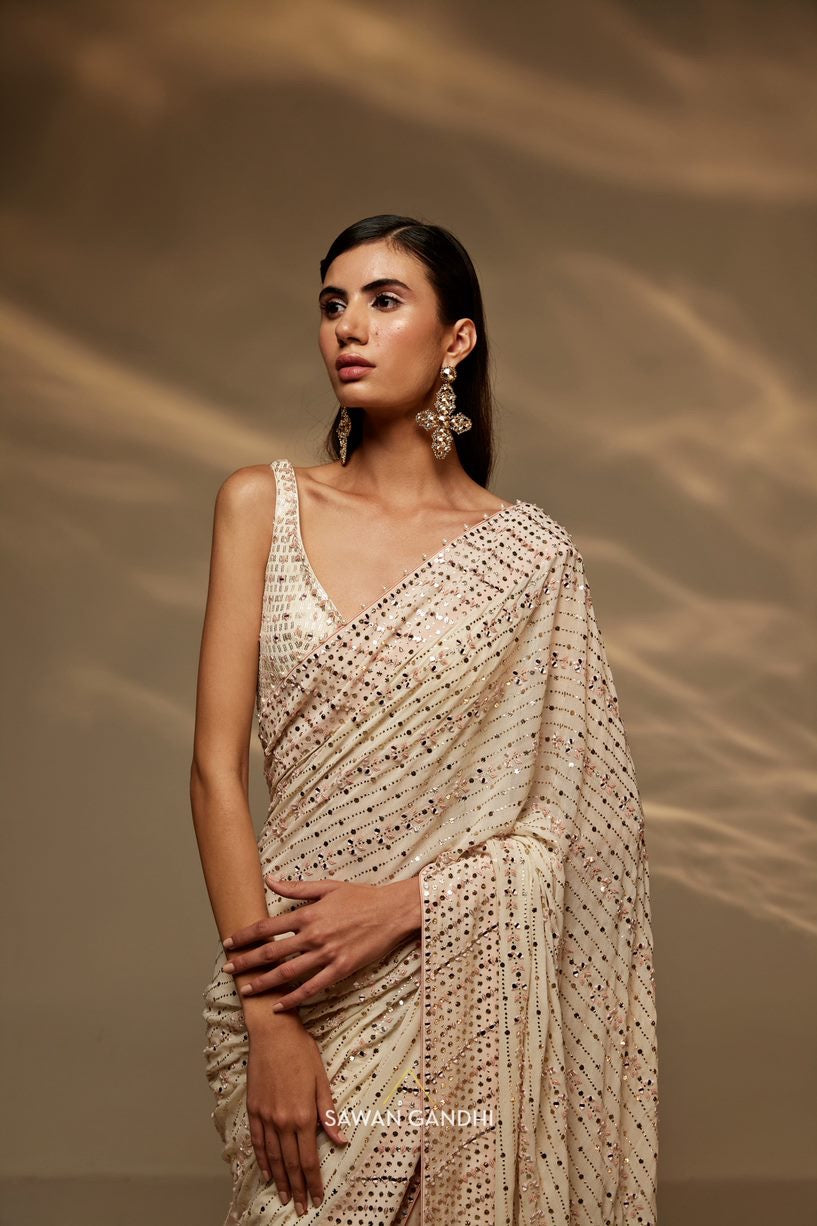 Ivory mirror and mukaish work saree set