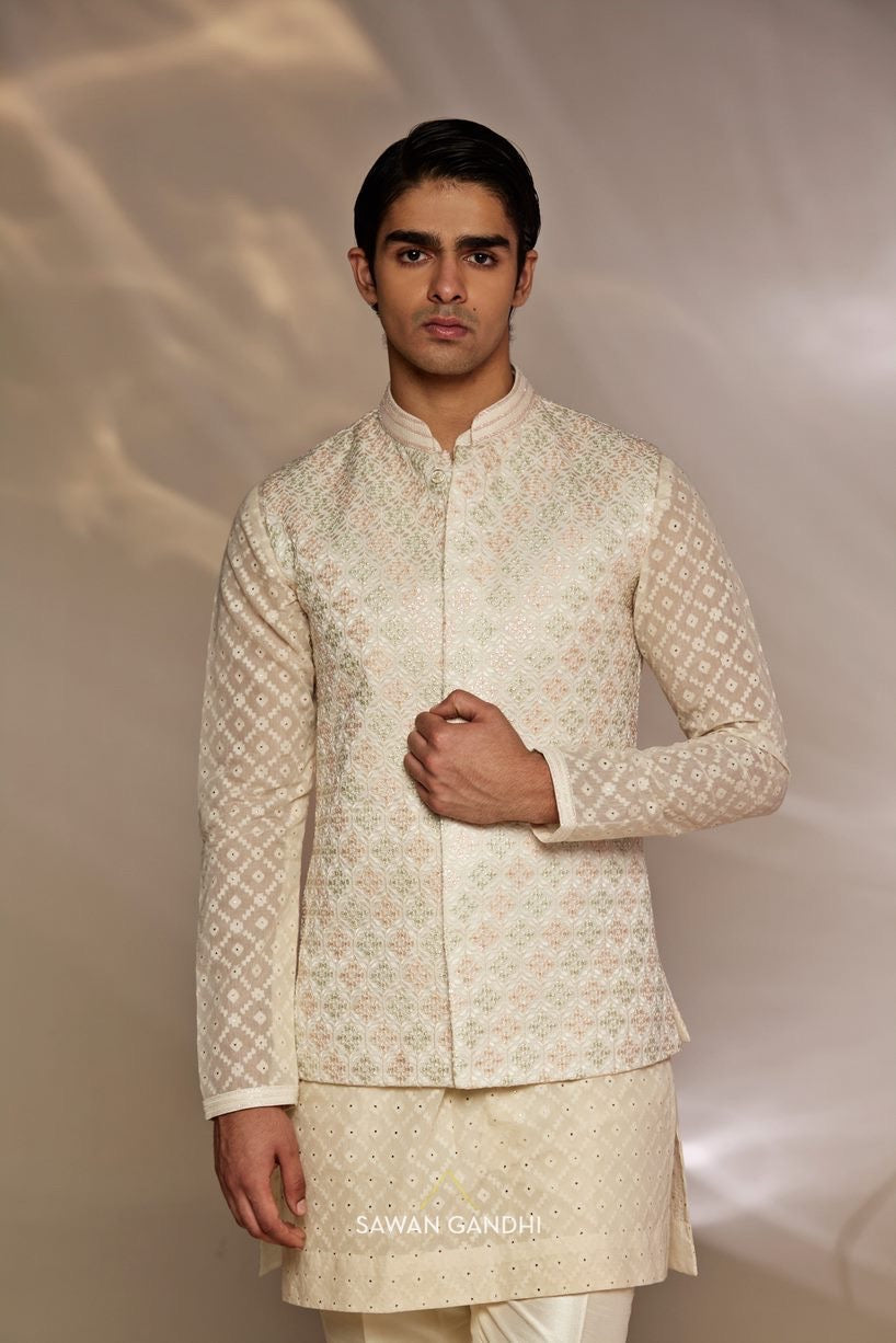 Ivory multicolour Nehru and Ivory mukaish work kurta