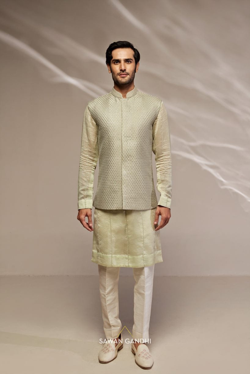 Pista green Nehru and ghicha organza kurta